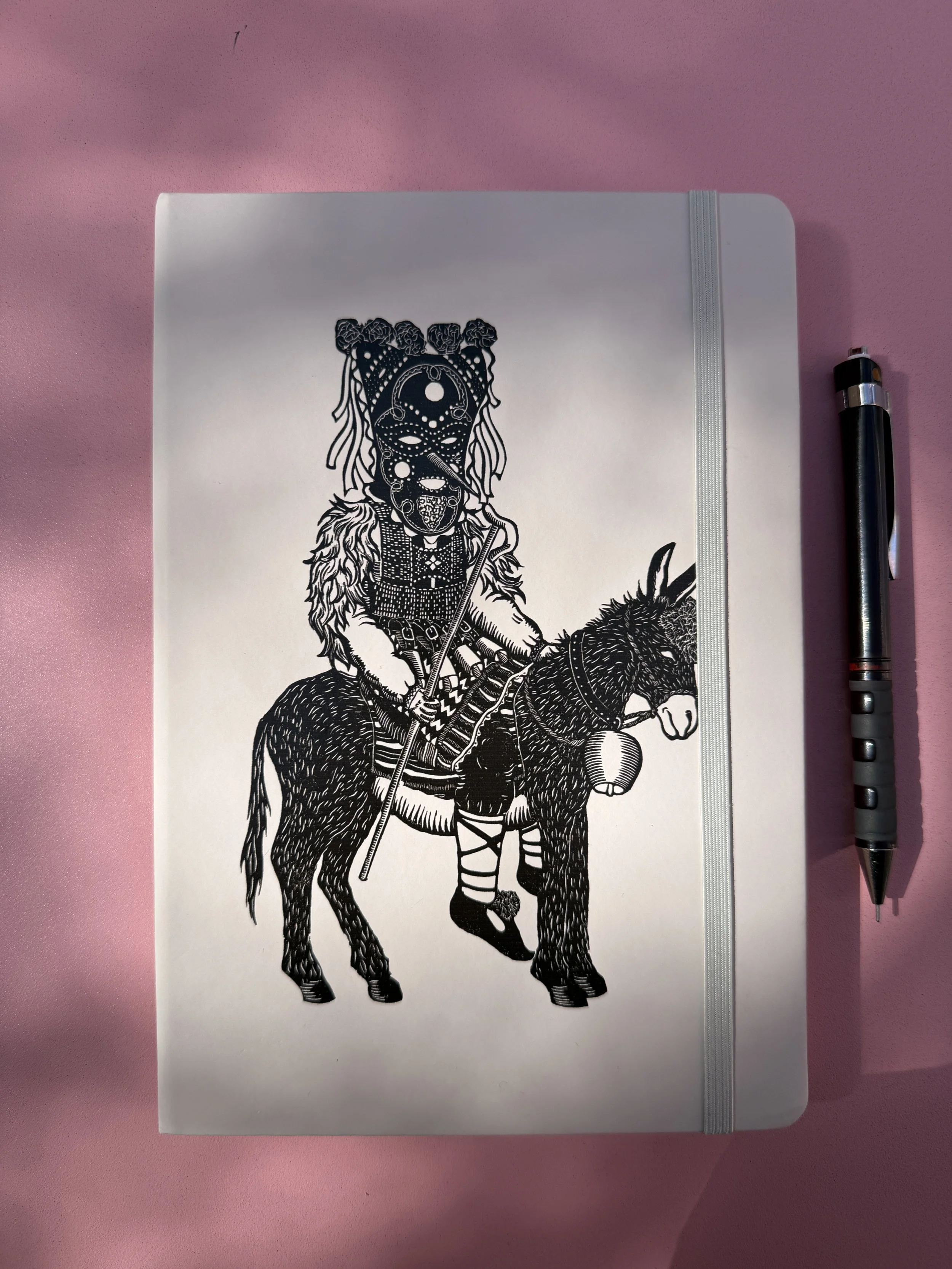 Cream A5 Notebook with Black Print of a Khmer on a Donkey