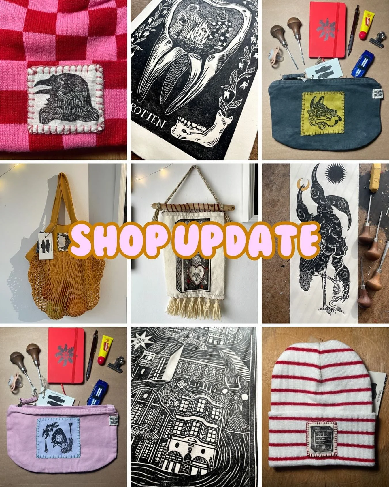 Finally! After months of delay, I have managed to upload all prints from the past few months as well as totes, pouches, beanies, notebooks. There are a few more things to go up but I&rsquo;ll add them in s couple of weeks with the new stuff I am curr