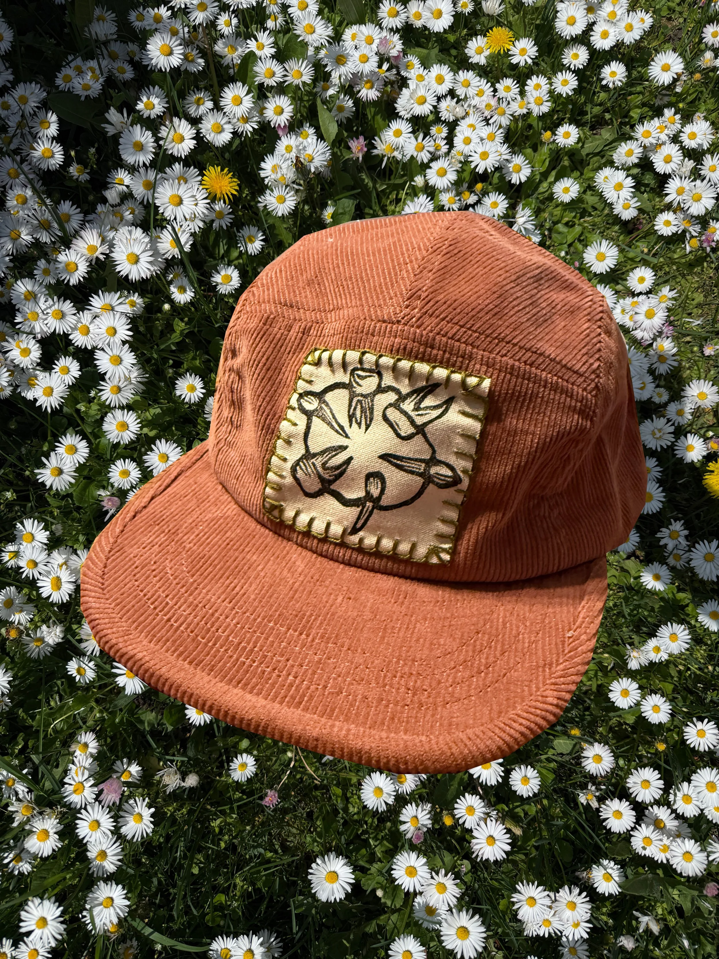 Corduroy Peach 5 Panel Cap with Cotton Linocut Patch - Sweet Tooth