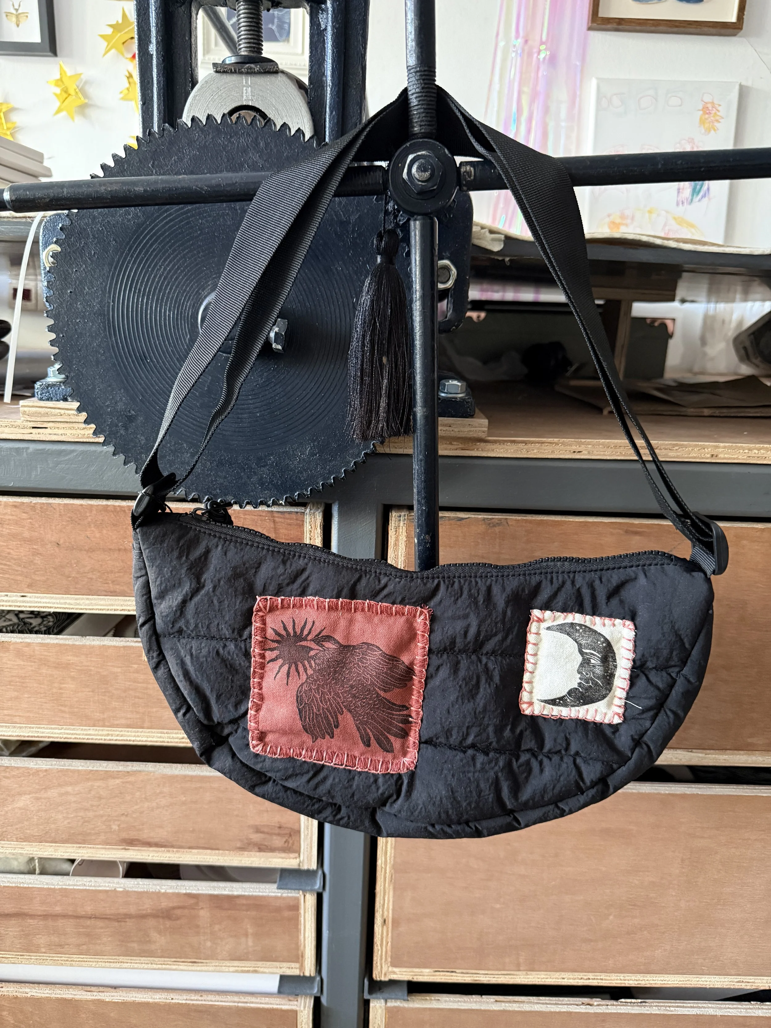 Water Resistant Black Fanny pack with Linocut Patches - Sun & Moon