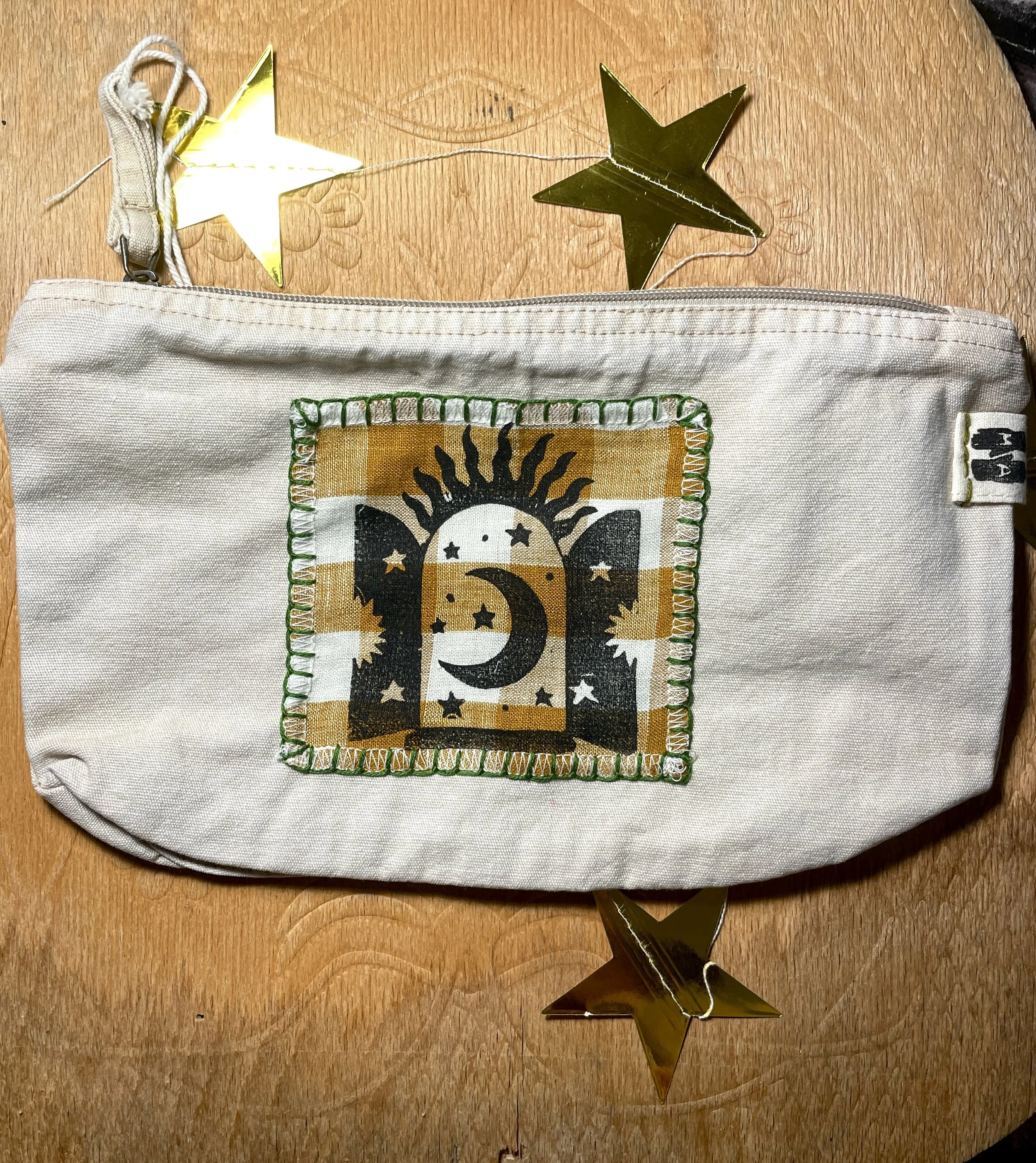 CELESTIAL WINDOW II Cotton Pouch with a Linen Linocut Patch