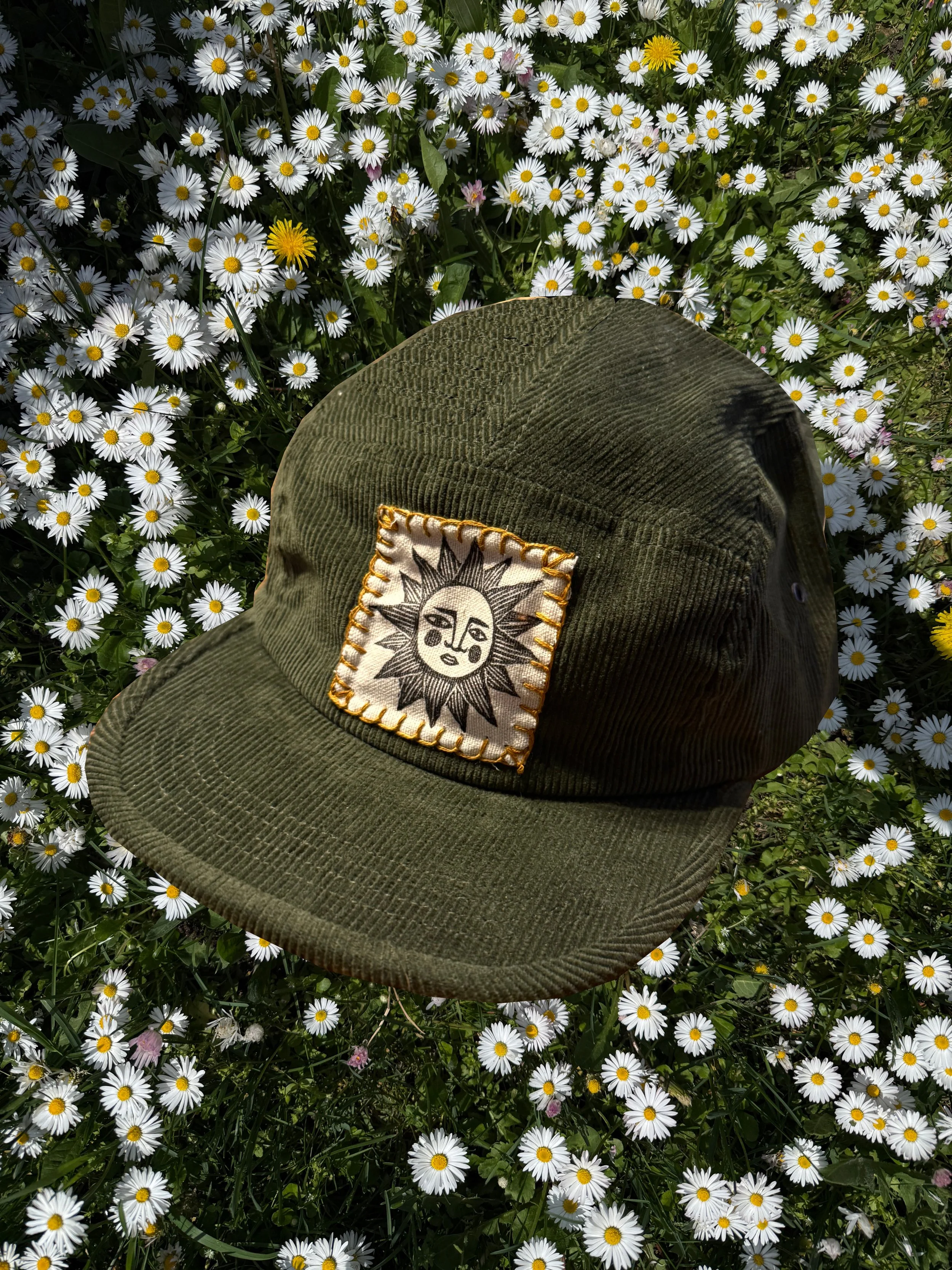 Forest Green Corduroy 5 Panel Cap with Cotton Linocut Patch - The Sun
