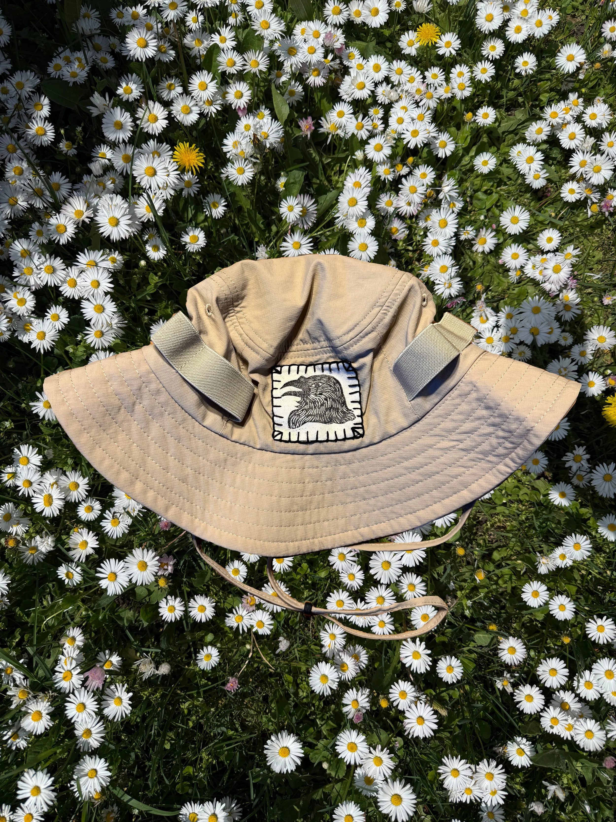 Cream Mountaineer Hat with Cotton Linocut Patch - Raven