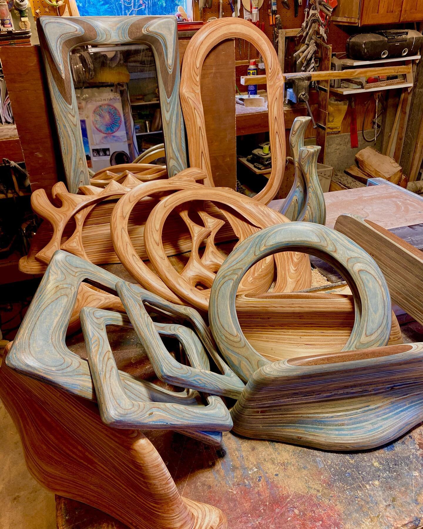 A pile of mirrors and wall shelves going to Ravenwood Curio shoppe in New Hampshire. #plywoodsculpture #roberthargrave