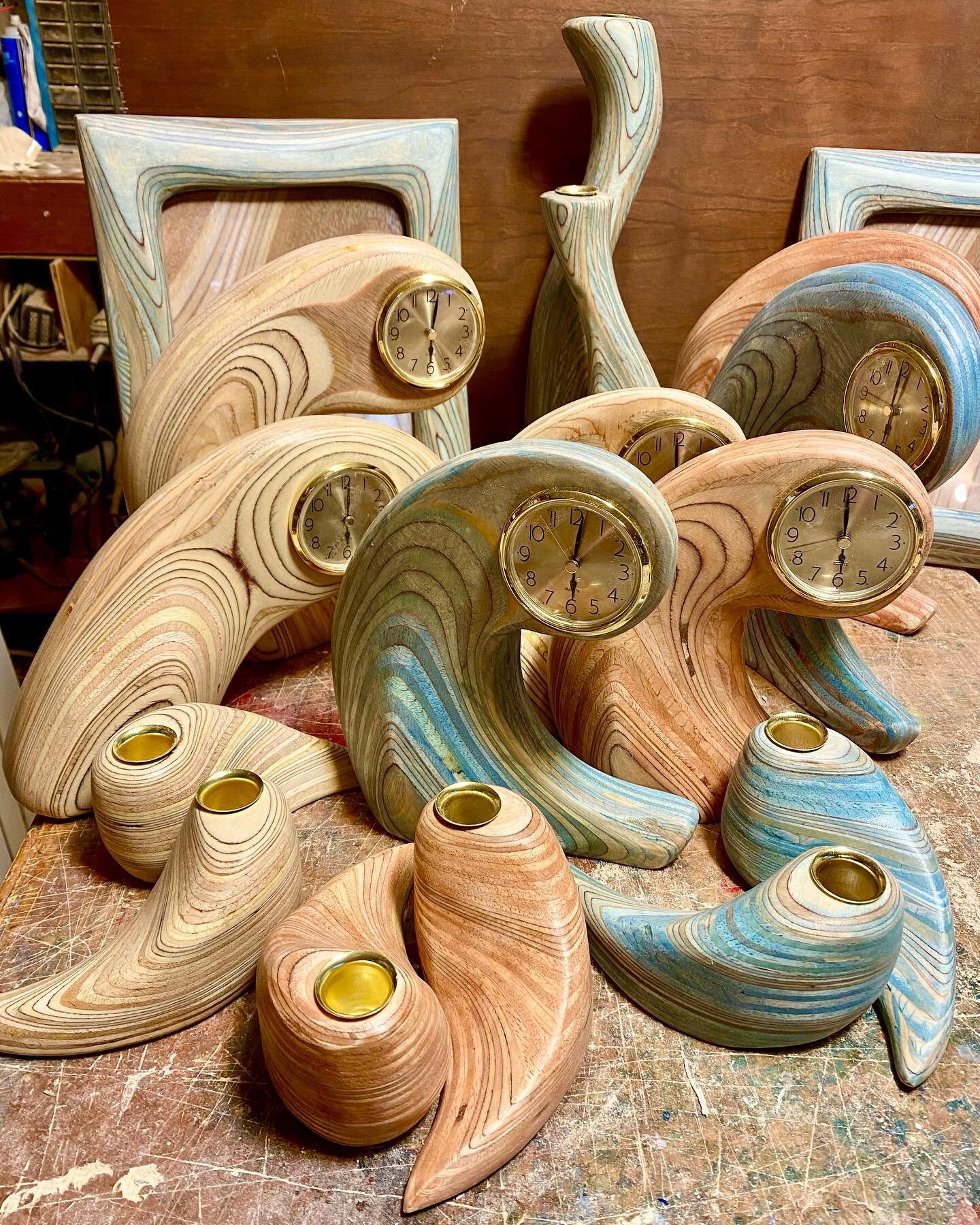 Clocks and candleholders and picture frames are leaving today for the Virgin Islands.#plywoodsculpture #roberthargrave