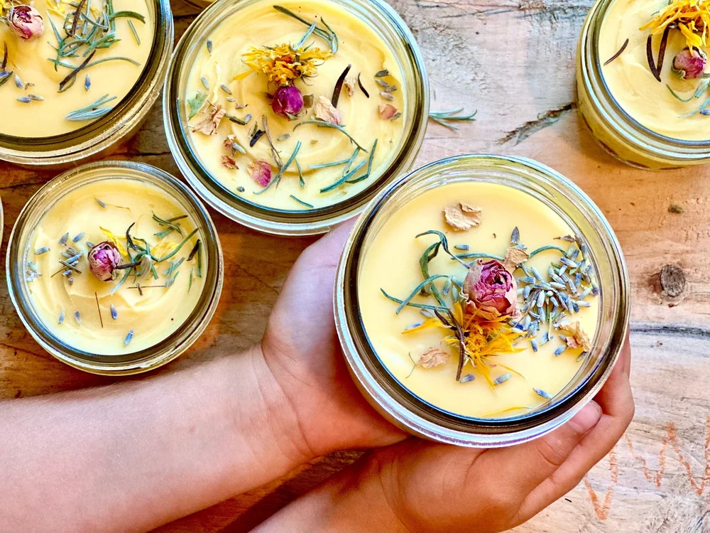 Tallow healing cream with dried flowers