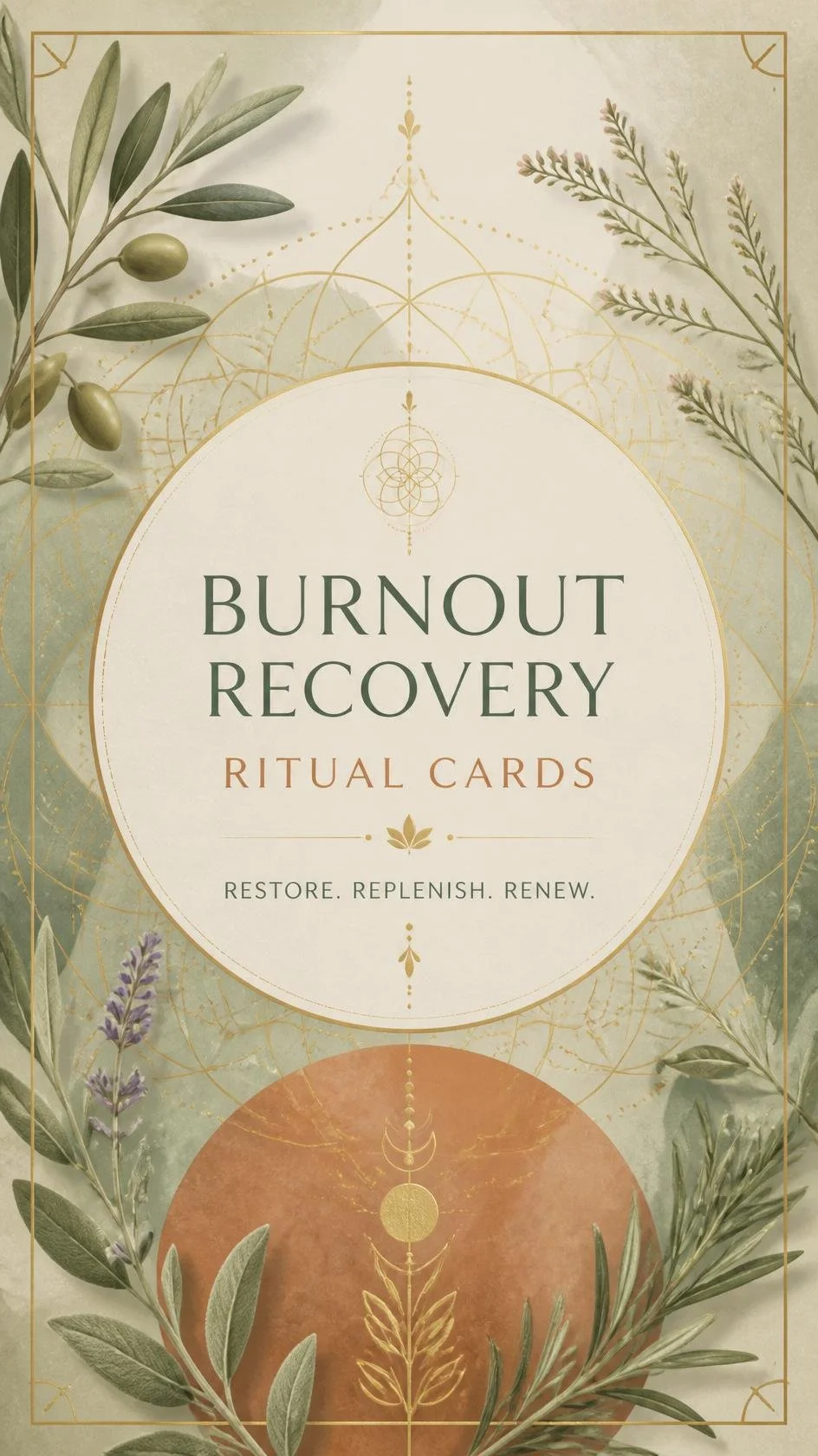 Front cover design for Burnout Recovery Ritual Cards, sacred geometry patterns, calming earthy tones in sage green, warm terracotta, soft cream and gold accents, gentle botanical elements like olive branches or healing herbs, centered manda.jpg