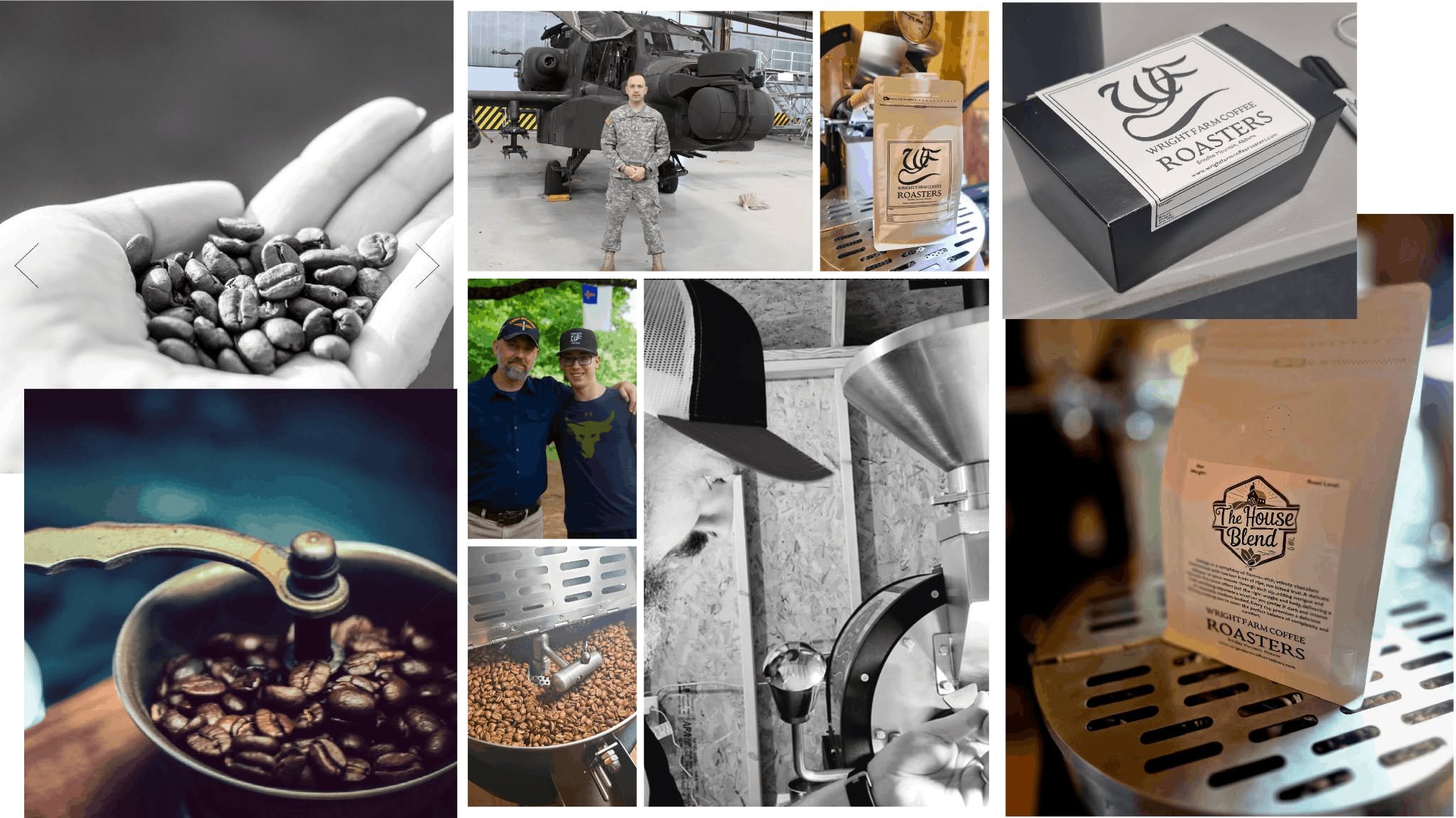 Collage of coffee-related images including beans, coffee equipment, a person in military uniform, coffee packaging, and two people smiling outdoors.