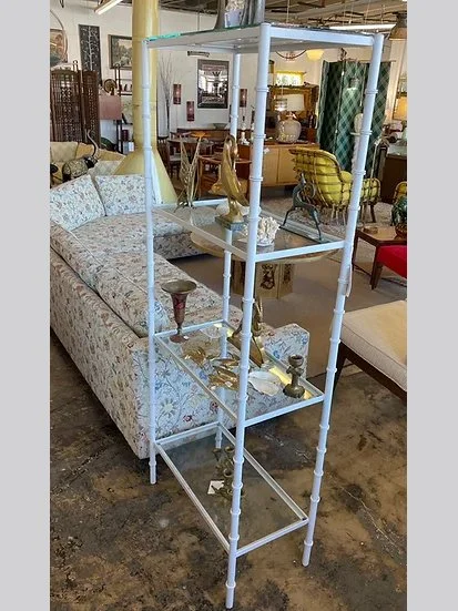 White faux bamboo metal etagere shelf |Mid-Century Furniture & Décor for sale | ContactModern Mid Century Furnishings - San Antonio vintage modern furniture store