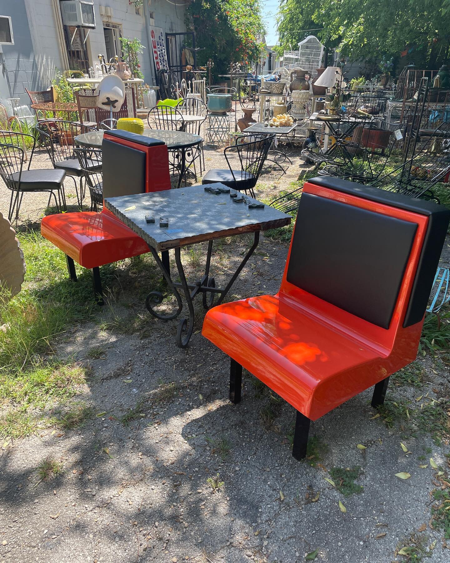 Completely Restored pair of orange fiberglass, vinyl and metal chairs for inside or out!