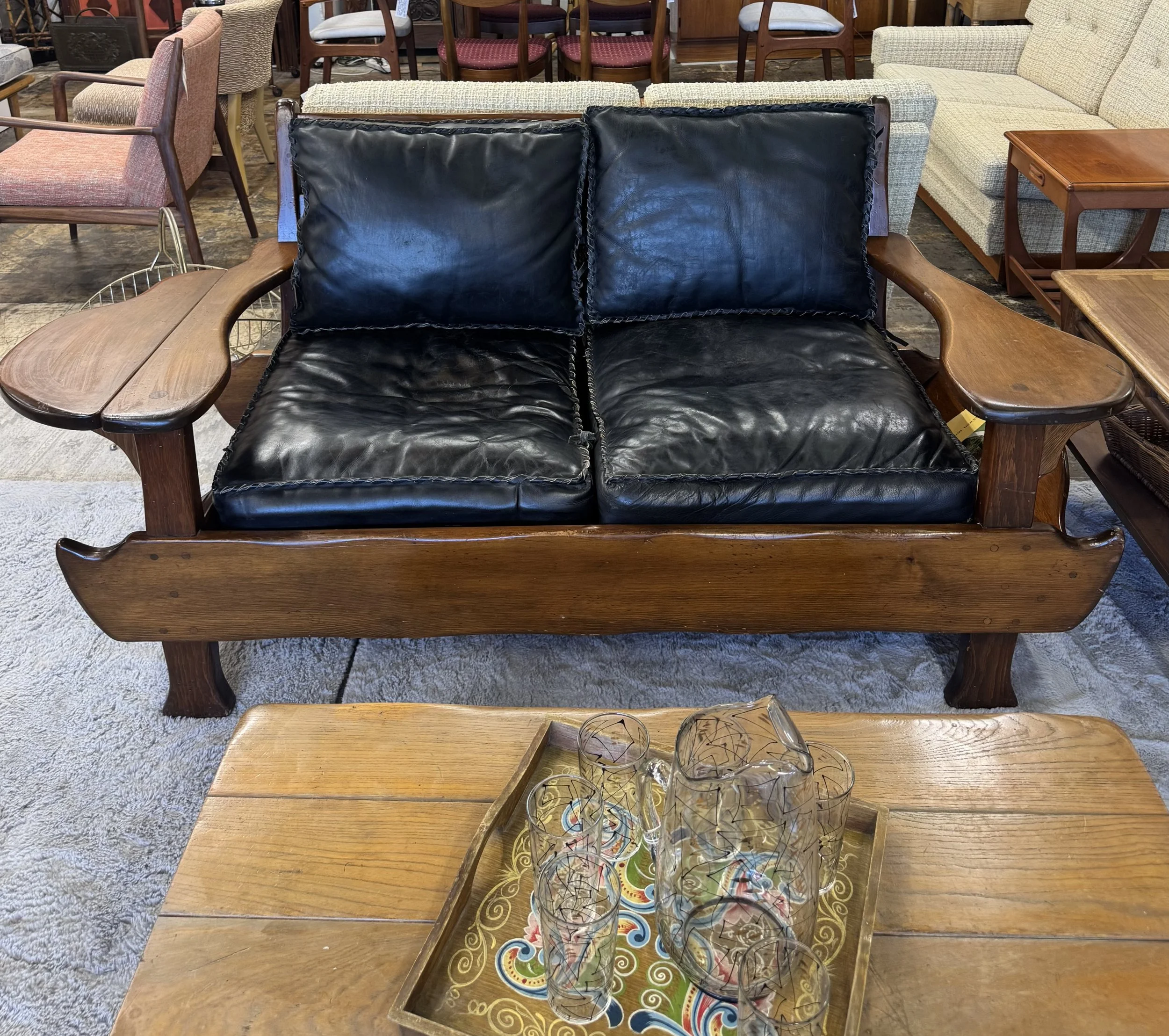 W.R. Dallas Pine Oak Love Seat with leather cushions