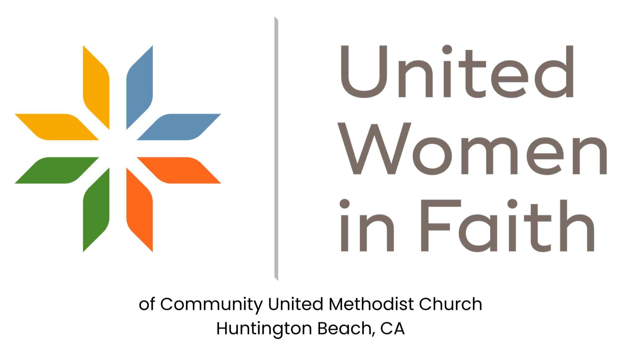 Logo of United Women in Faith, a colorful flower with orange, blue, and green petals, and the text 'United Women in Faith' beside it, representing the organization of Community United Methodist Church in Huntington Beach, California.