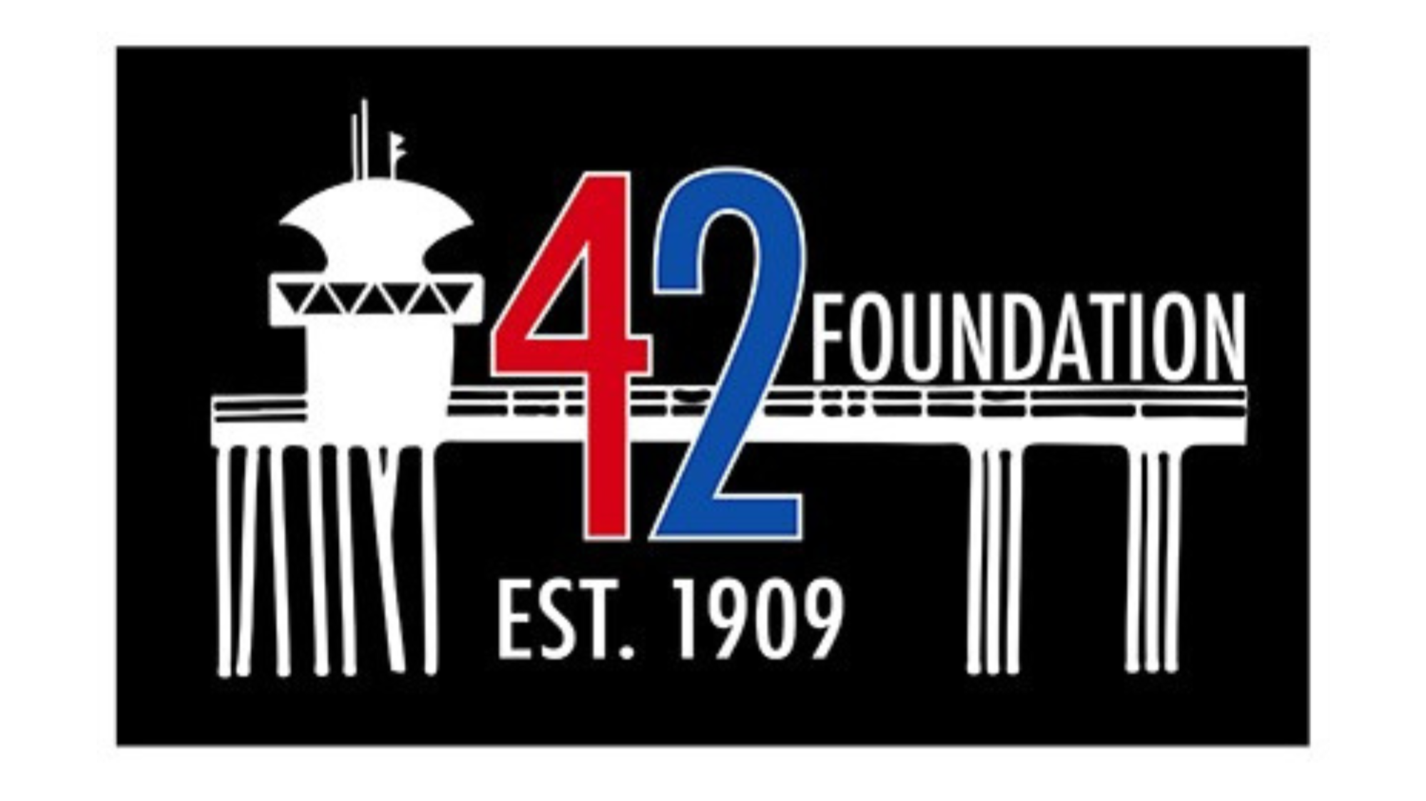 Logo for the 42 Foundation featuring a stylized white Greek temple with black and white lines, with the number 42 in red and blue, and the words 'Foundation', 'Est. 1909', and 'EST 1909' in white on a black background.