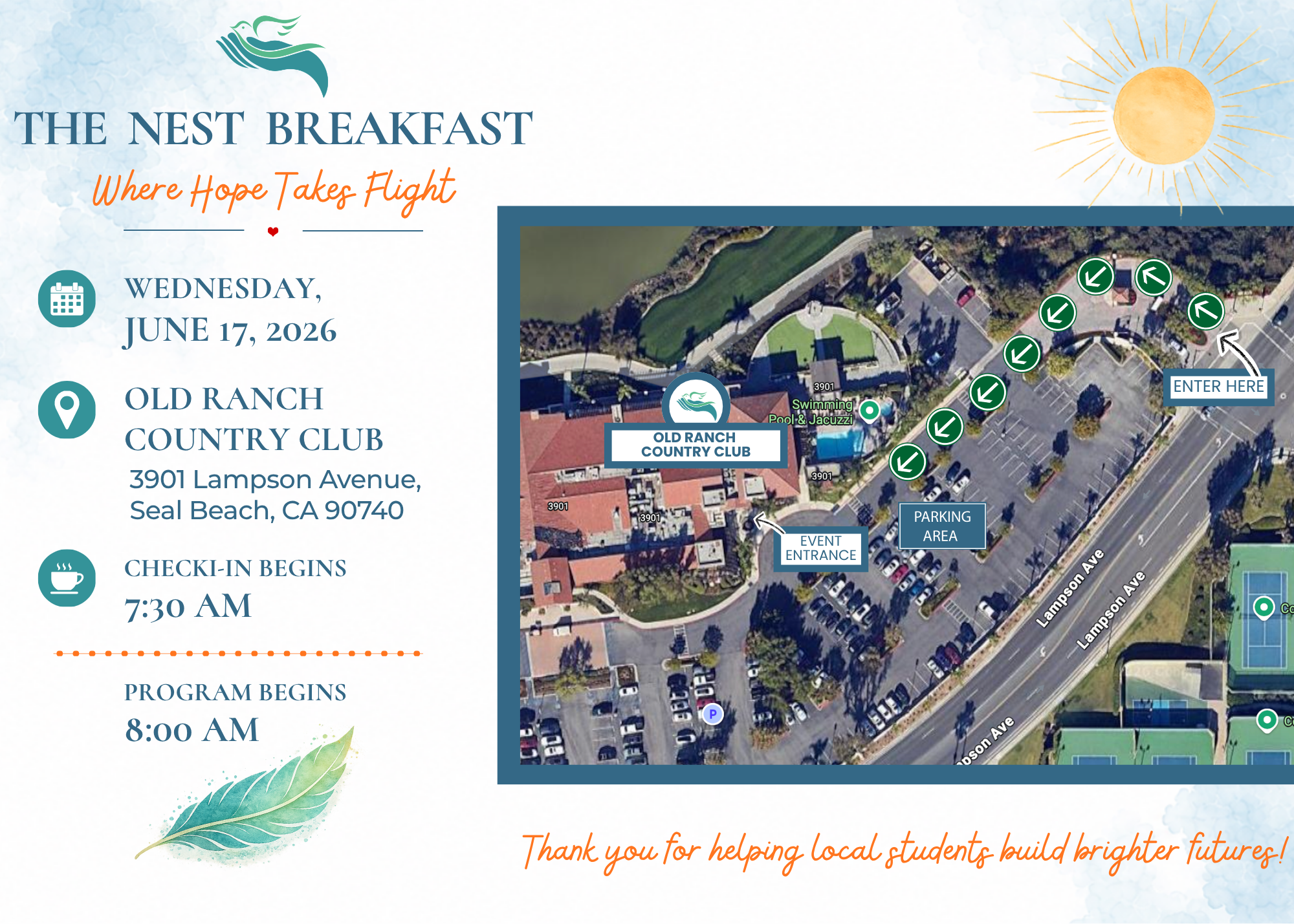 Event flyer for The Nest Breakfast at Old Ranch Country Club on June 17, 2026. It features a blue and white color scheme with a sun illustration, a map of the parking and event entrance areas, and details of the schedule including check-in at 7:30 AM and program start at 8:00 AM.