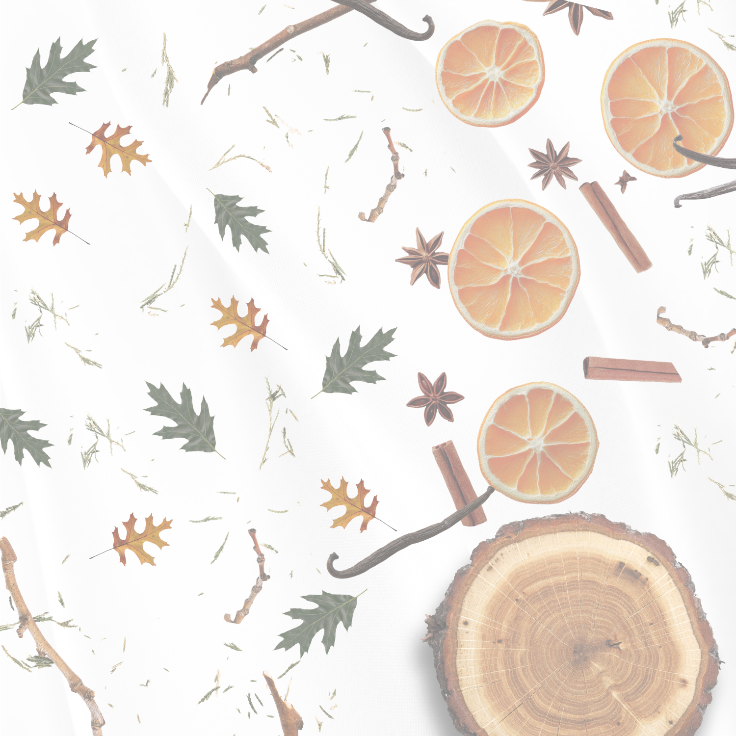 A pattern of orange slices, cinnamon sticks, star anise, tree branches, and leaves on a white background.