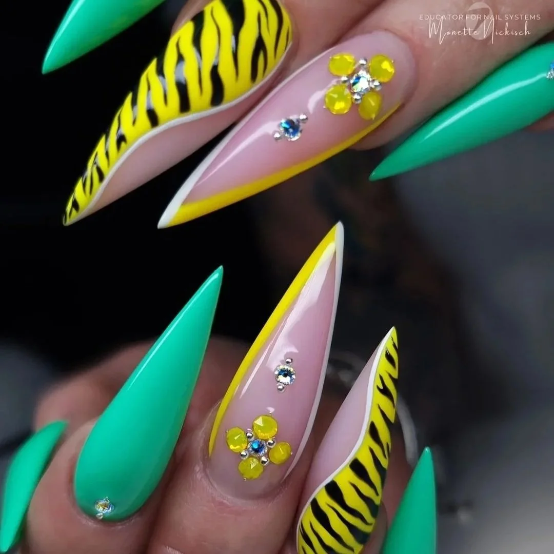 pointy nails with yellow and green nail art