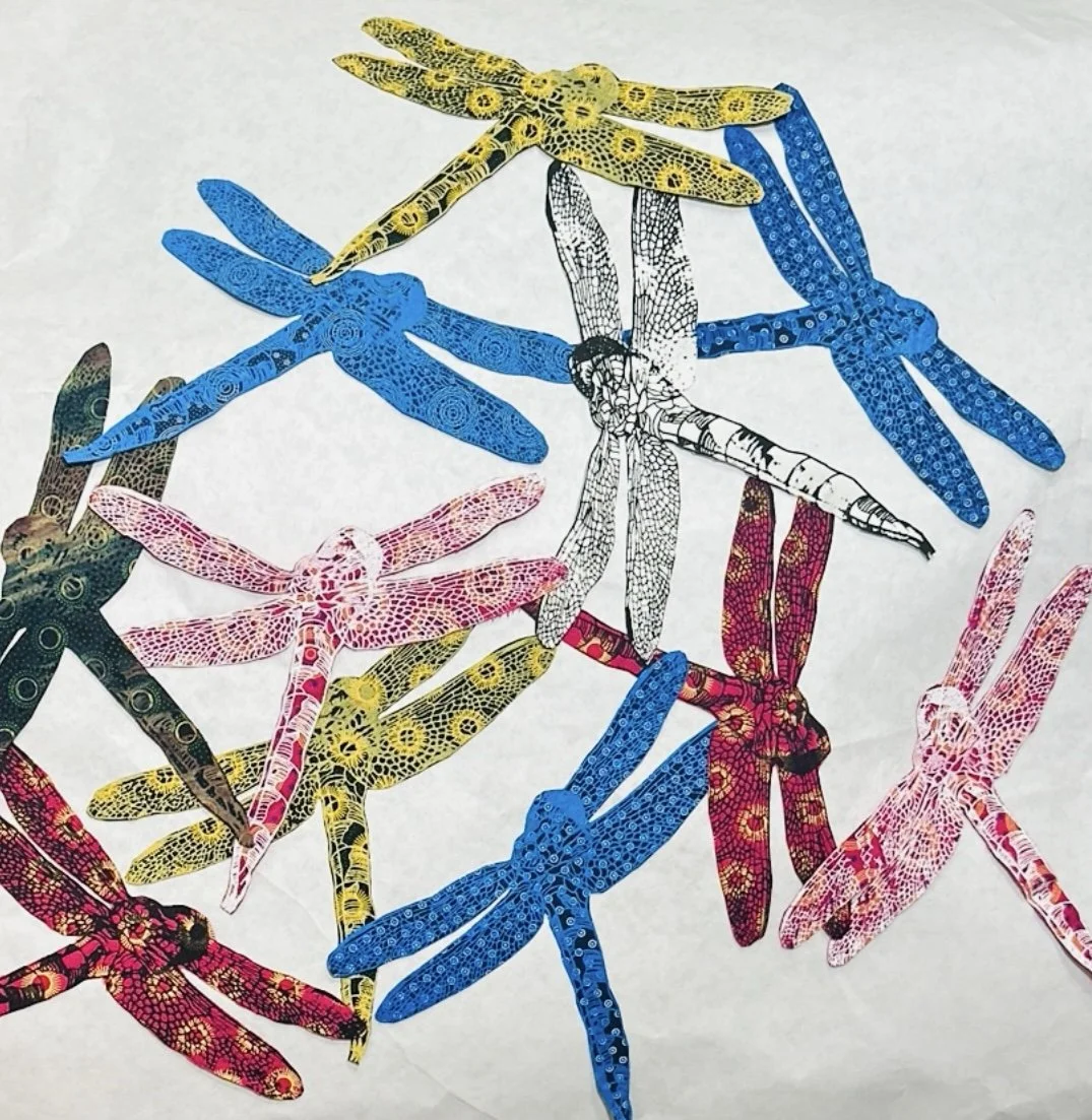 SALT 195- Five Dragonflies screen printed on shweshwe fabric in Botswana 2024
195 Digital ink-jet printed Dragonflies vinyl stickers, (disposables) for installation