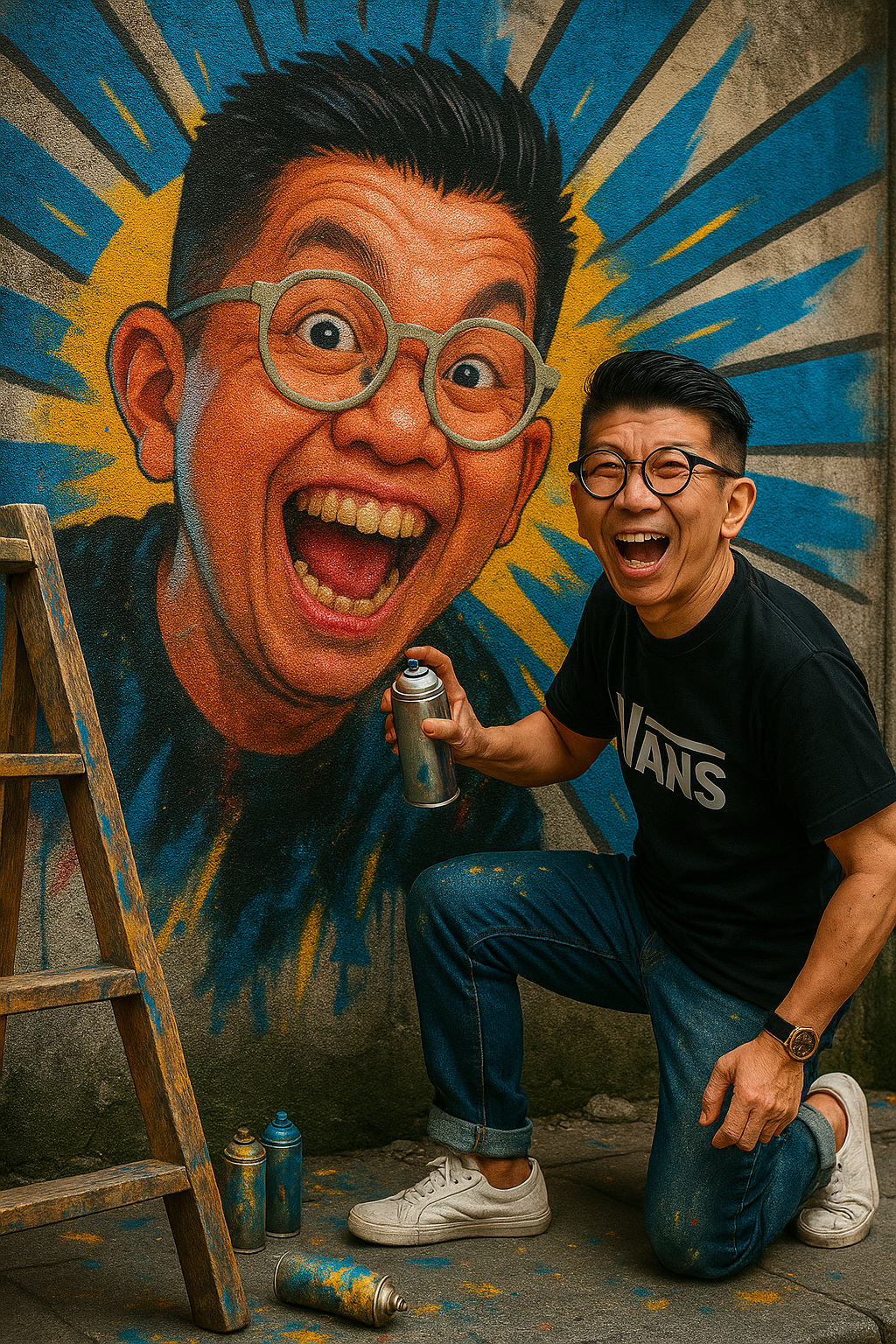 A man kneeling and laughing next to his colorful graffiti mural of a person's face with glasses, spray paint cans on the ground, and a wooden ladder nearby.