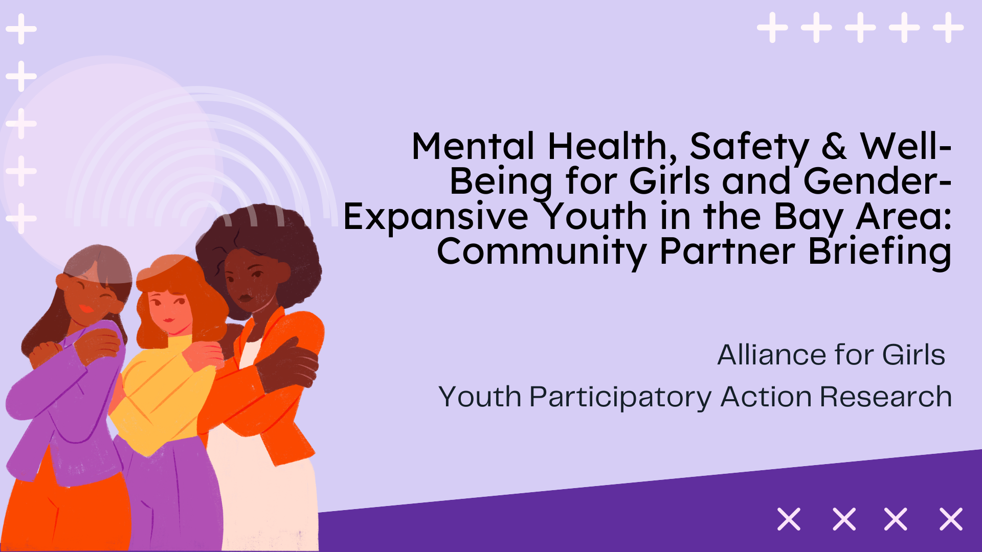 Thumbnail of the slide deck: Mental Health, Safety & Well-Being for Girls and Gender-Expansive Youth in the Bay Area: Community Partner Briefing. To the left of the title are 3 girls and gender-expansive youth of color wearing bright clothes