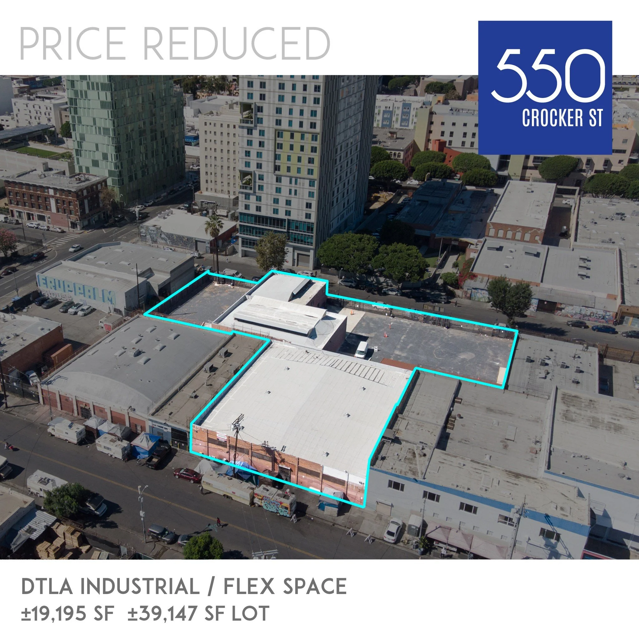 NEW PRICE: $5,288,000. 540-564 Crocker St Los Angeles, CA 90013. 19,195 SF Industrial / Flex on a 39,147 SF lot in the heart of Downtown LA. 3 separate spaces can be combined into 1 or leased separately. 2 Gated, Secure Parking Lots. Bow Truss Ceilin
