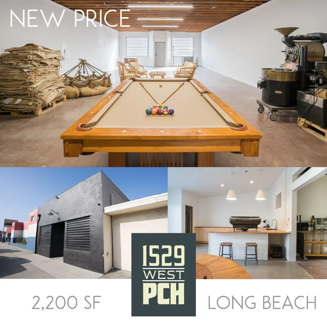 NEW PRICE: $869,800. 1529 W. Pacific Coast Highway in Long Beach. Immaculate retail space with parking. Perfect for a studio / creative workspace or gallery. Exposed wood beam ceilings, polished concrete floors, and white walls. Kitchenette and loung