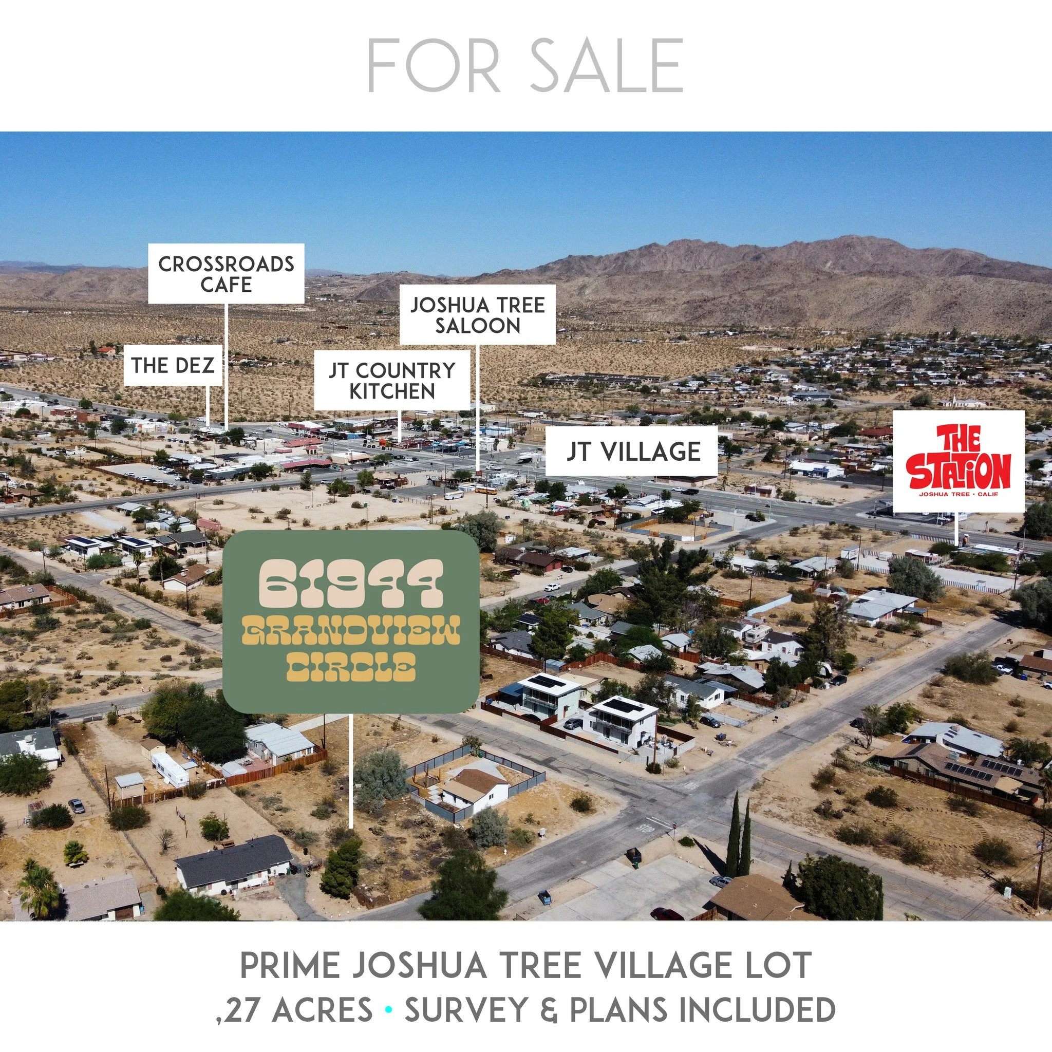 JUST LISTED: 61944 Grandview Circle in Joshua Tree. .27 Acre in the Prime Joshua Tree Village area.  Centrally located 1 block away from The Station and  2 blocks from Park. Includes a survey and previously approved plans to build a modern home. Wate