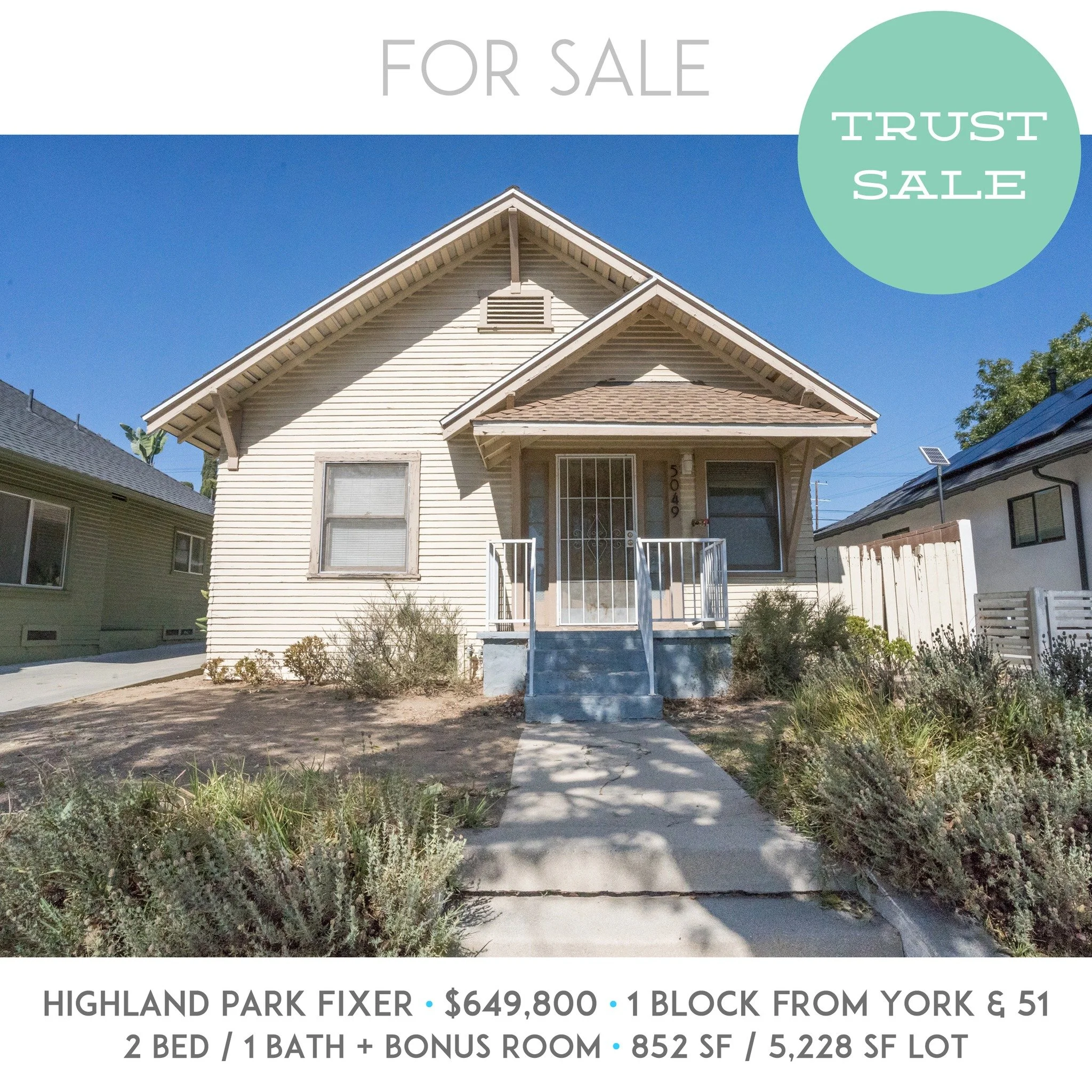 JUST LISTED: 5049 Meridian St Los Angeles, 90042. Prime Highland Park fixer, 1 block away from York &amp; Ave 51. 2 Bed / 1 Bath, 852 SF with Bonus sun room not included in SF. Spacious 5,228 SF lot with a detached garage. Not in the HPOZ. Open this 