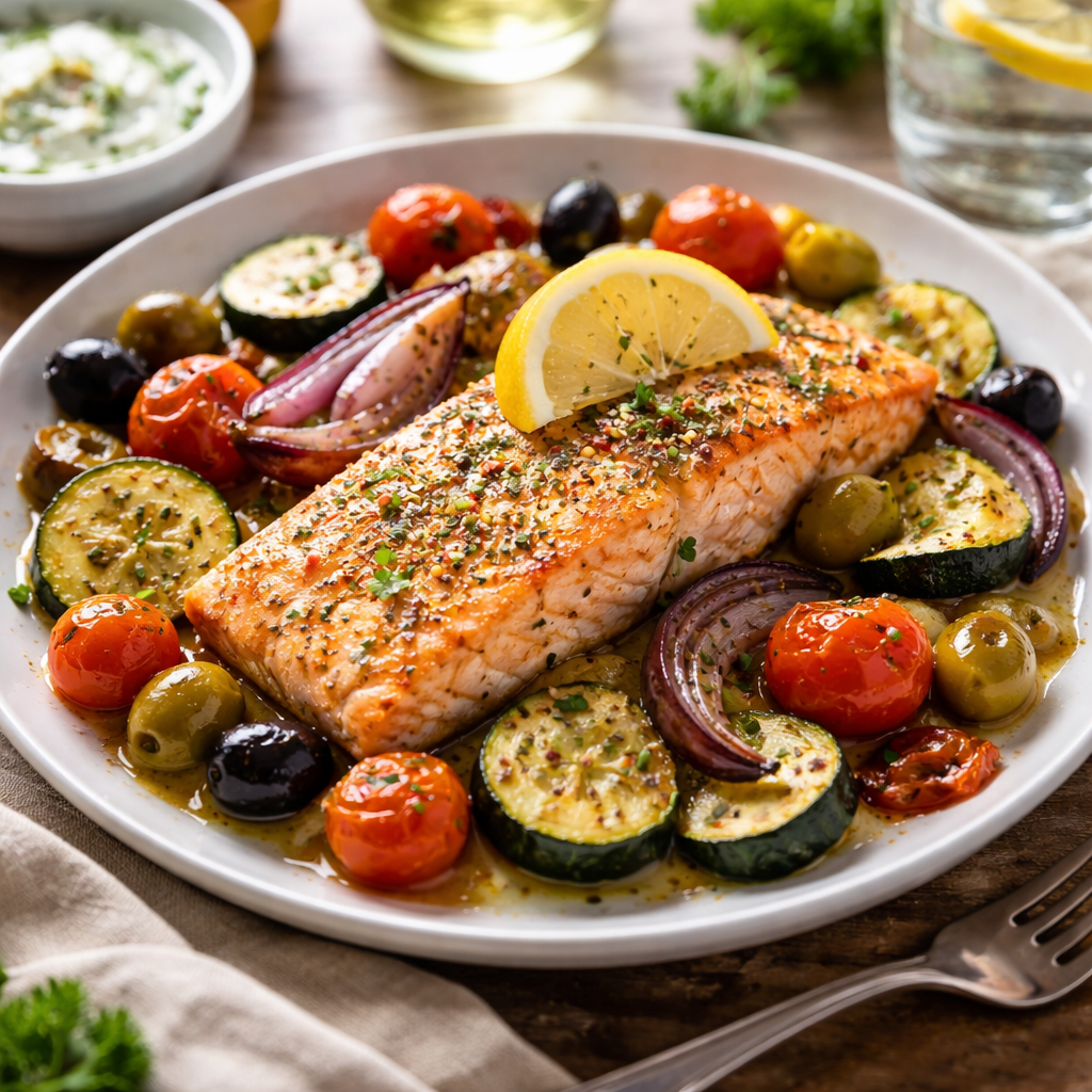 Mediterranean Baked Salmon &amp; Veg