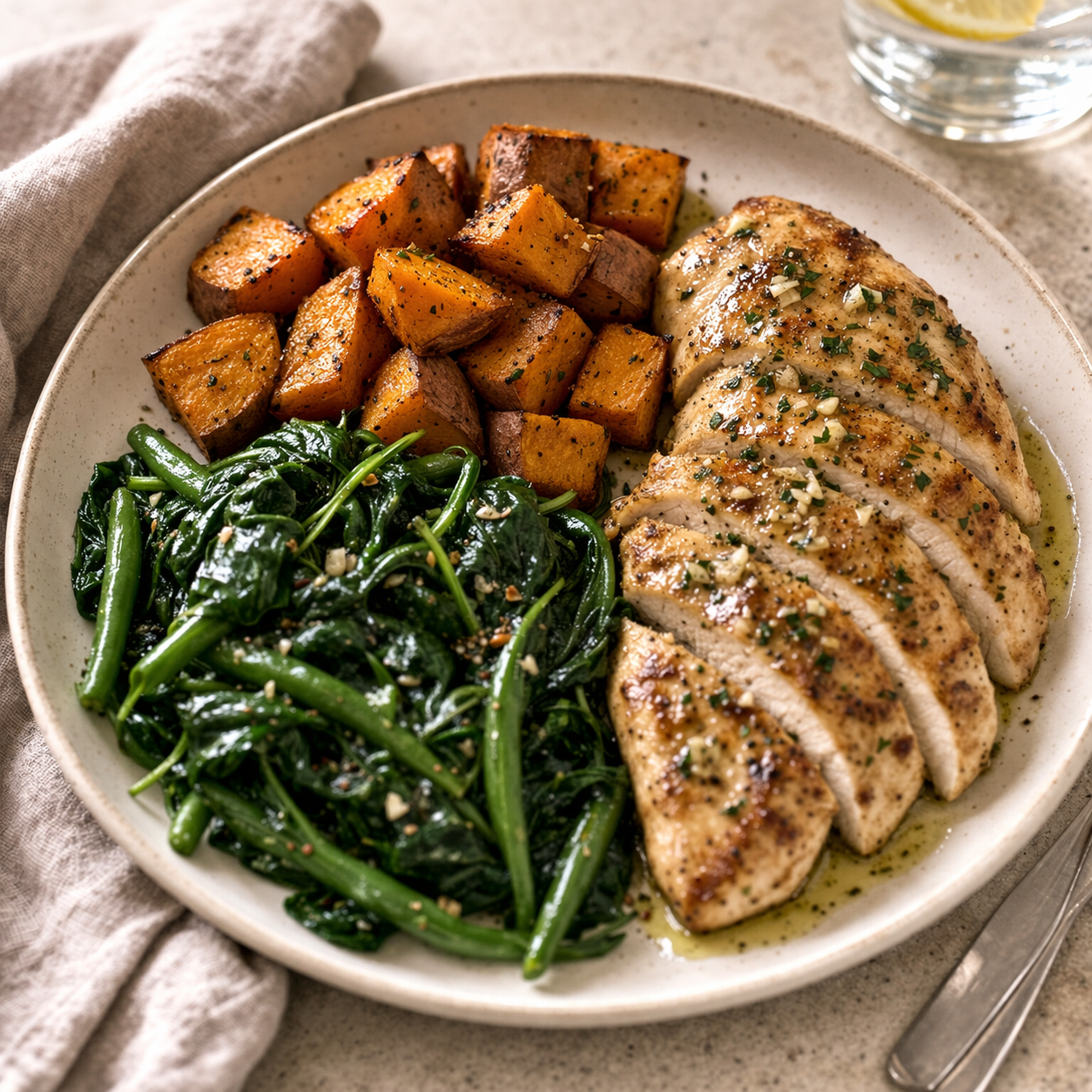 Garlic Chicken, Greens &amp; Sweet Potato Plate