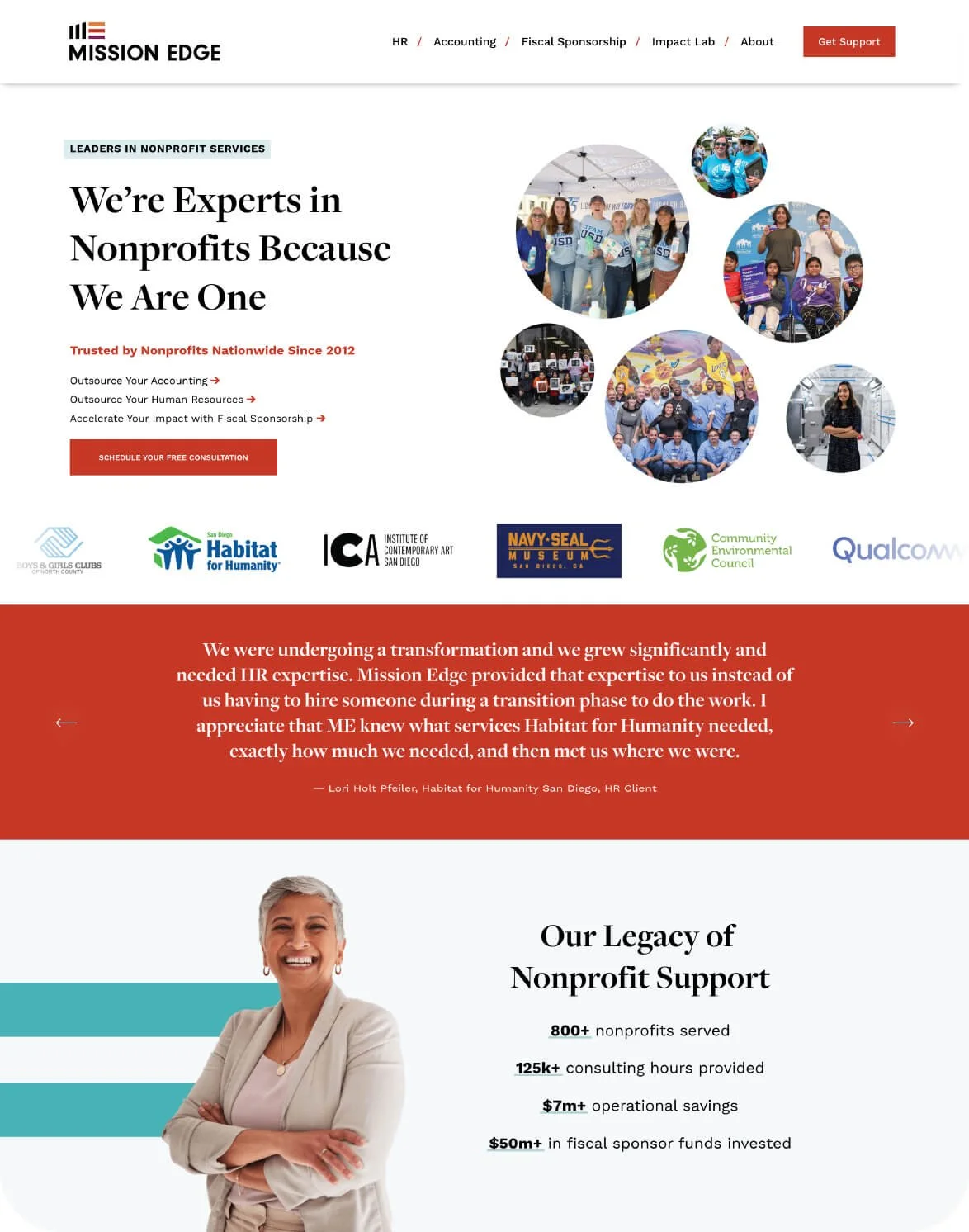 Squarespace website for a nonprofit featuring bold colors and lots of pictures of their team and clients.