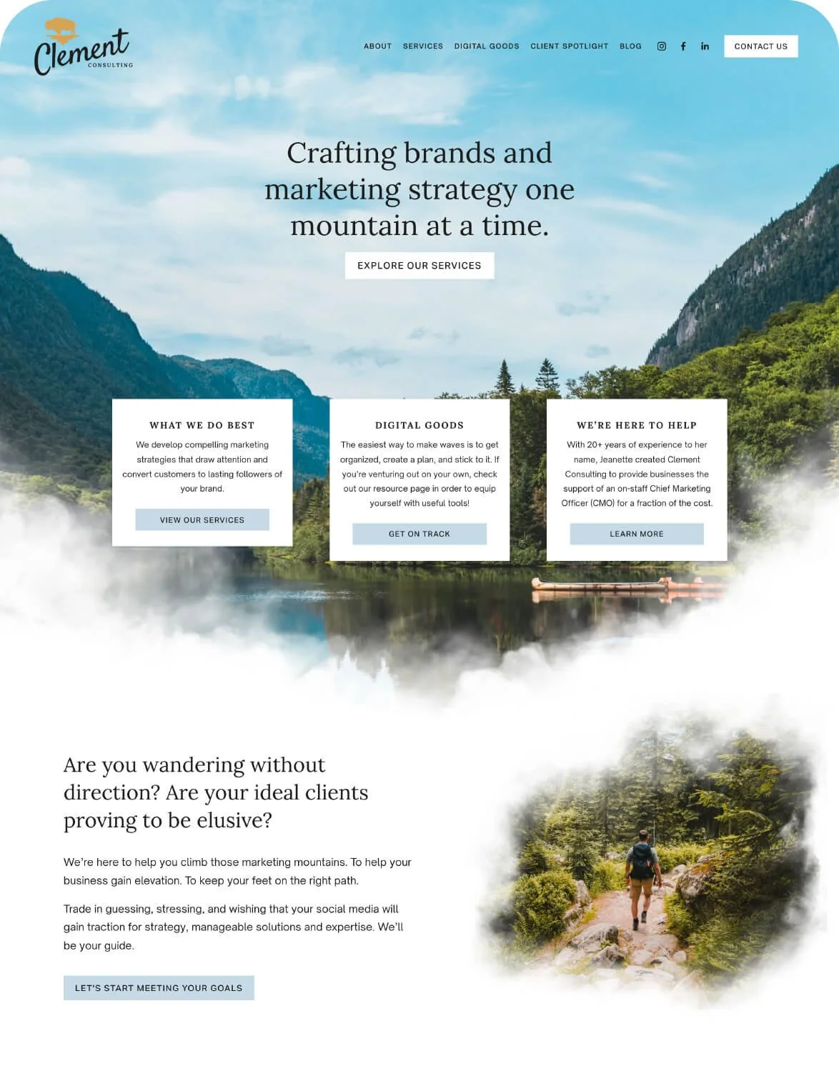 Small business marketing company’s Squarespace website design with creative layout and nature images with fading edges.
