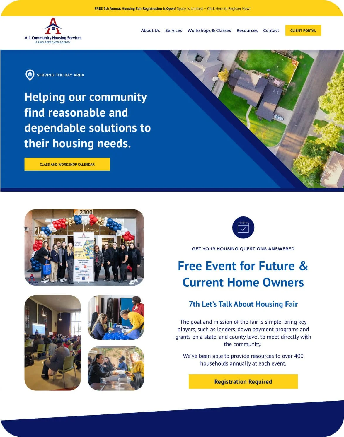 Bold colorful squarespace website design for housing nonprofit in the Bay Area full of community photos and modern accents.