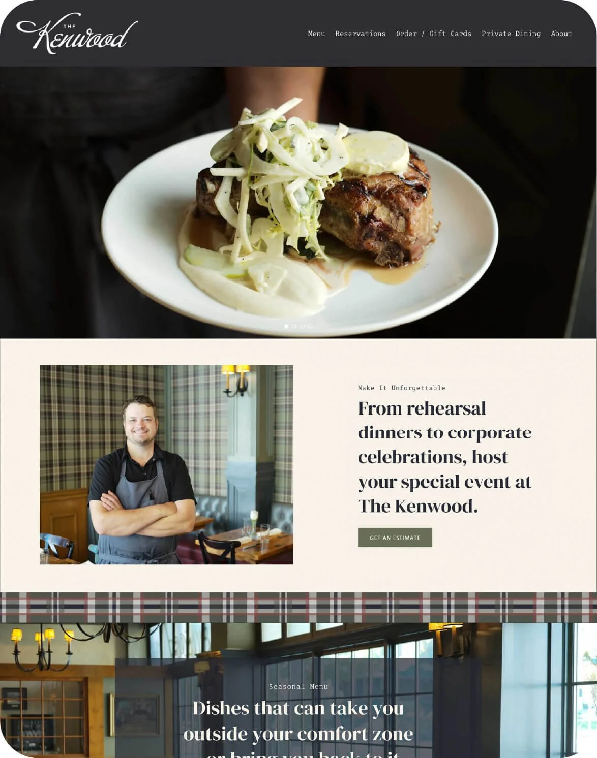 Cozy and refined squarespace website for restaurant featuring custom pattern graphic and beautiful food photography.