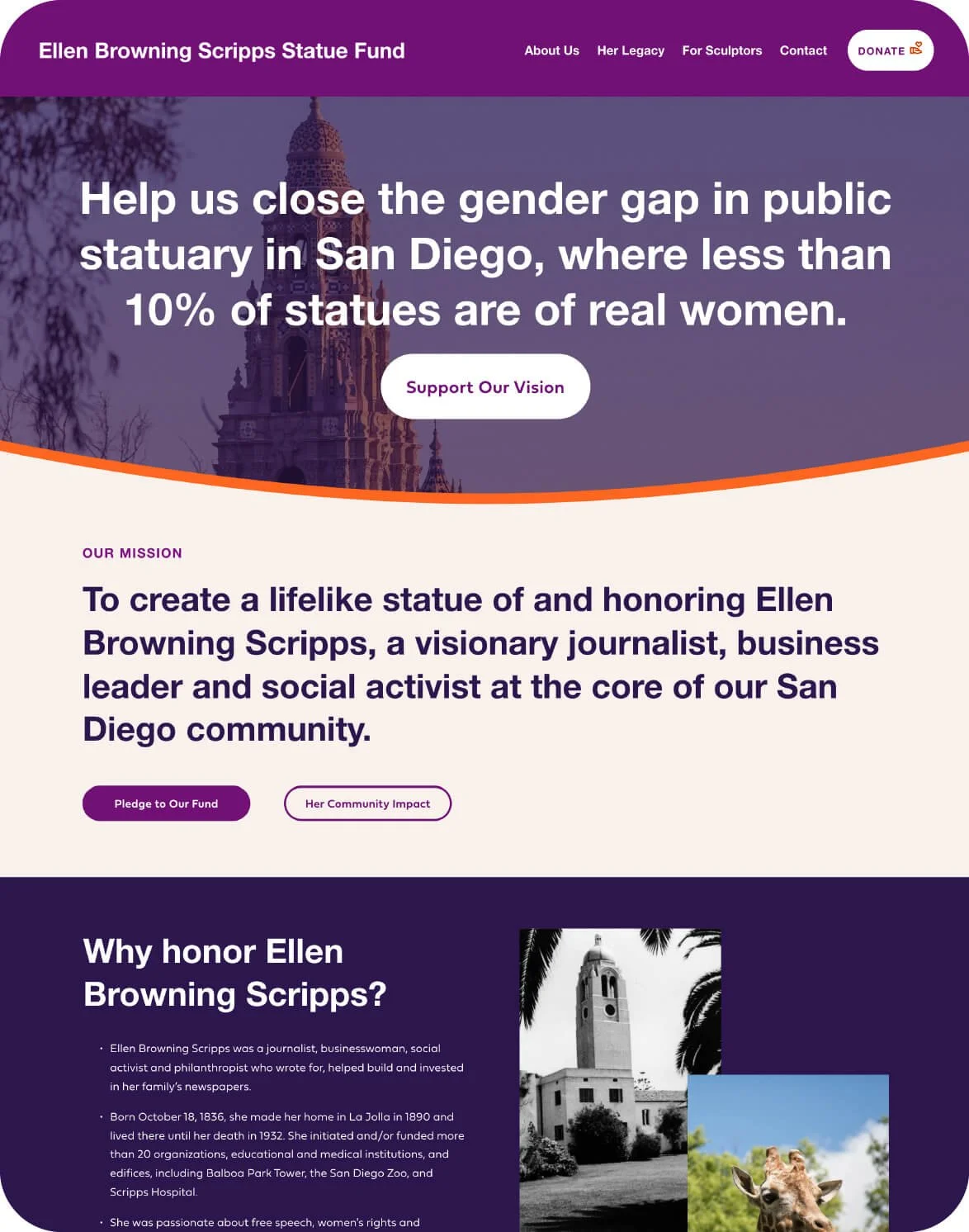 San Diego social impact organization Squarespace website dedicated to raising funds for a lifelike statue of Ellen Browning Scripps featuring colorful modern design and local imagery.
