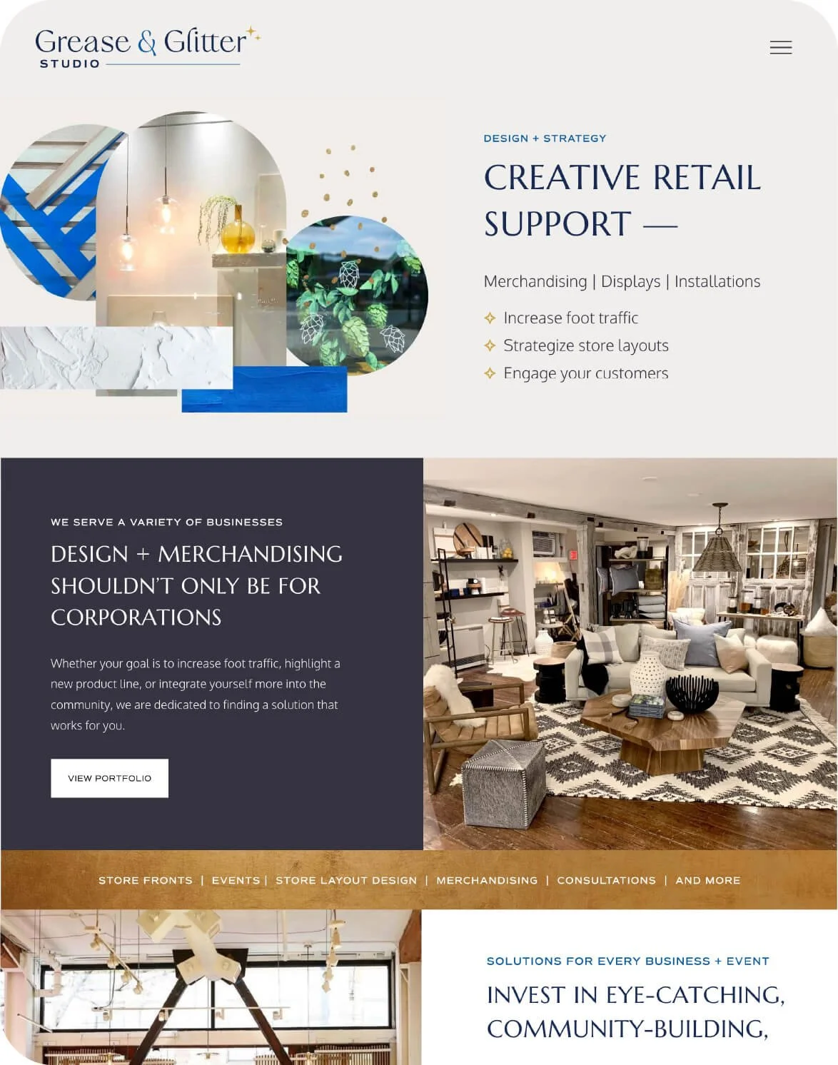 Squarespace website design for Vermont studio specializing in eye-catching merchandising, displays, and installations for retail spaces.