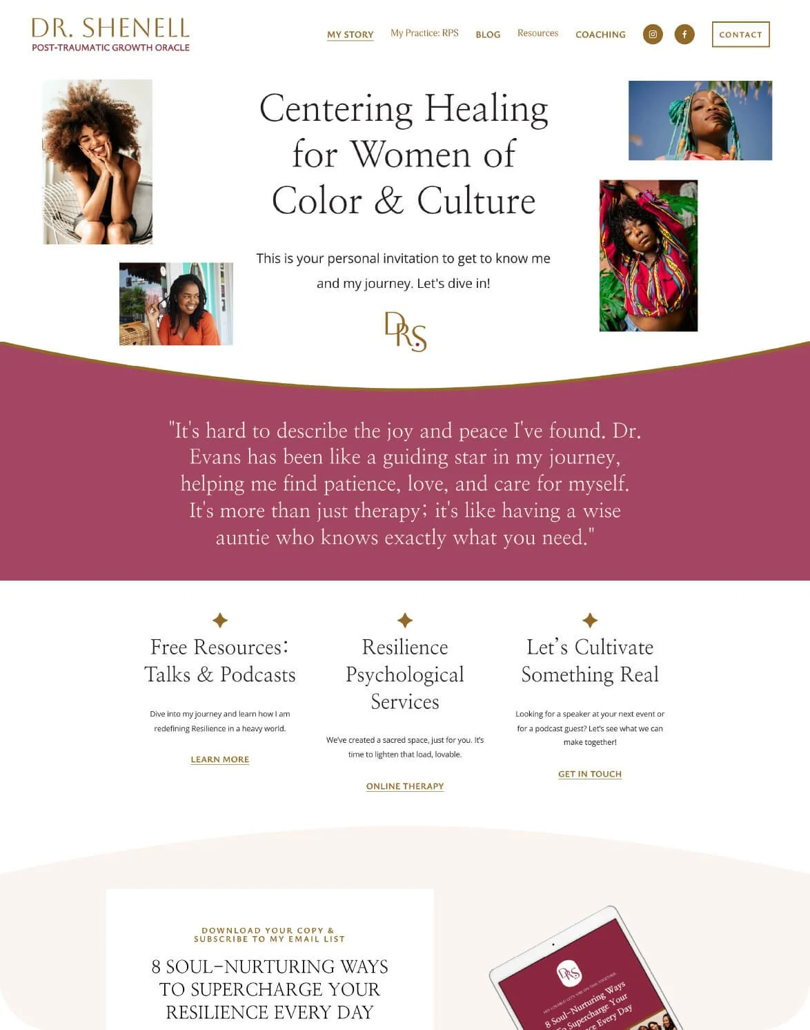 Coach website designed on Squarespace website featuring vibrant photos of Women of Color testimonials, services, and free resources.
