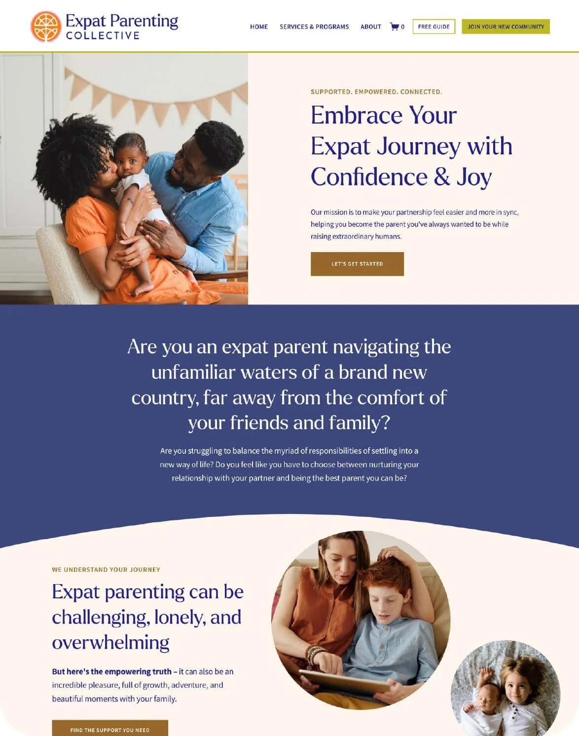 Squarespace coaching website for expat parents featuring colorful design and image a of parents with their children.