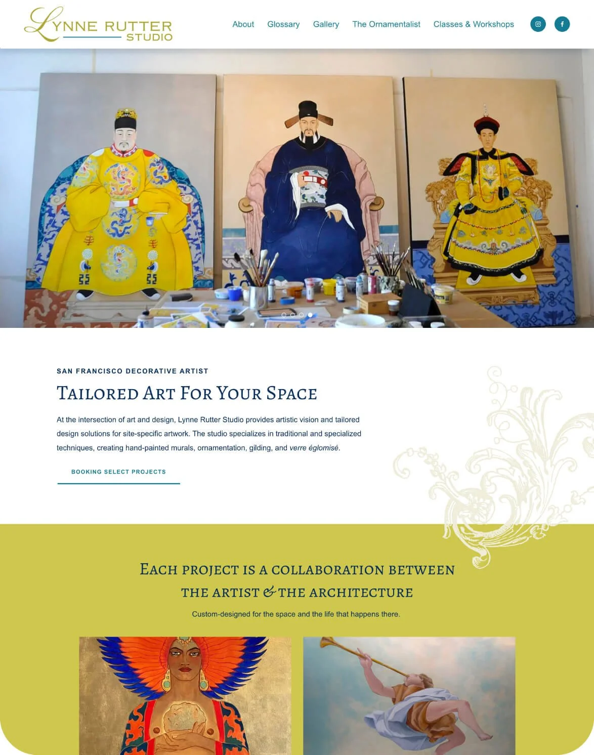 San Francisco decorative artist Squarespace website with large portfolio banner carousel with decorative accents spanning colorful design.