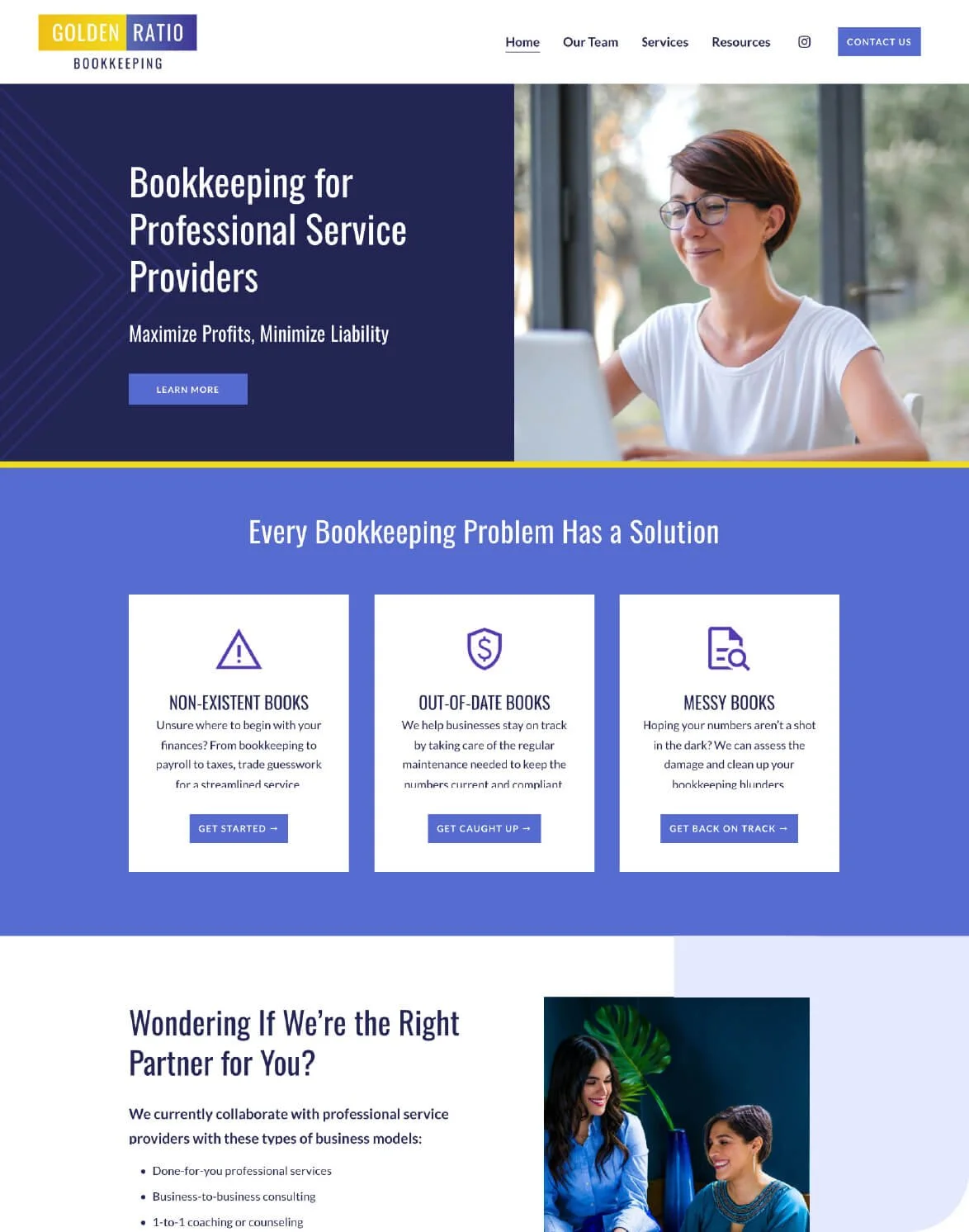 Squarespace website for bookeeper specializing in bookkeeping for professional service providers with purple and yellow geometric design.