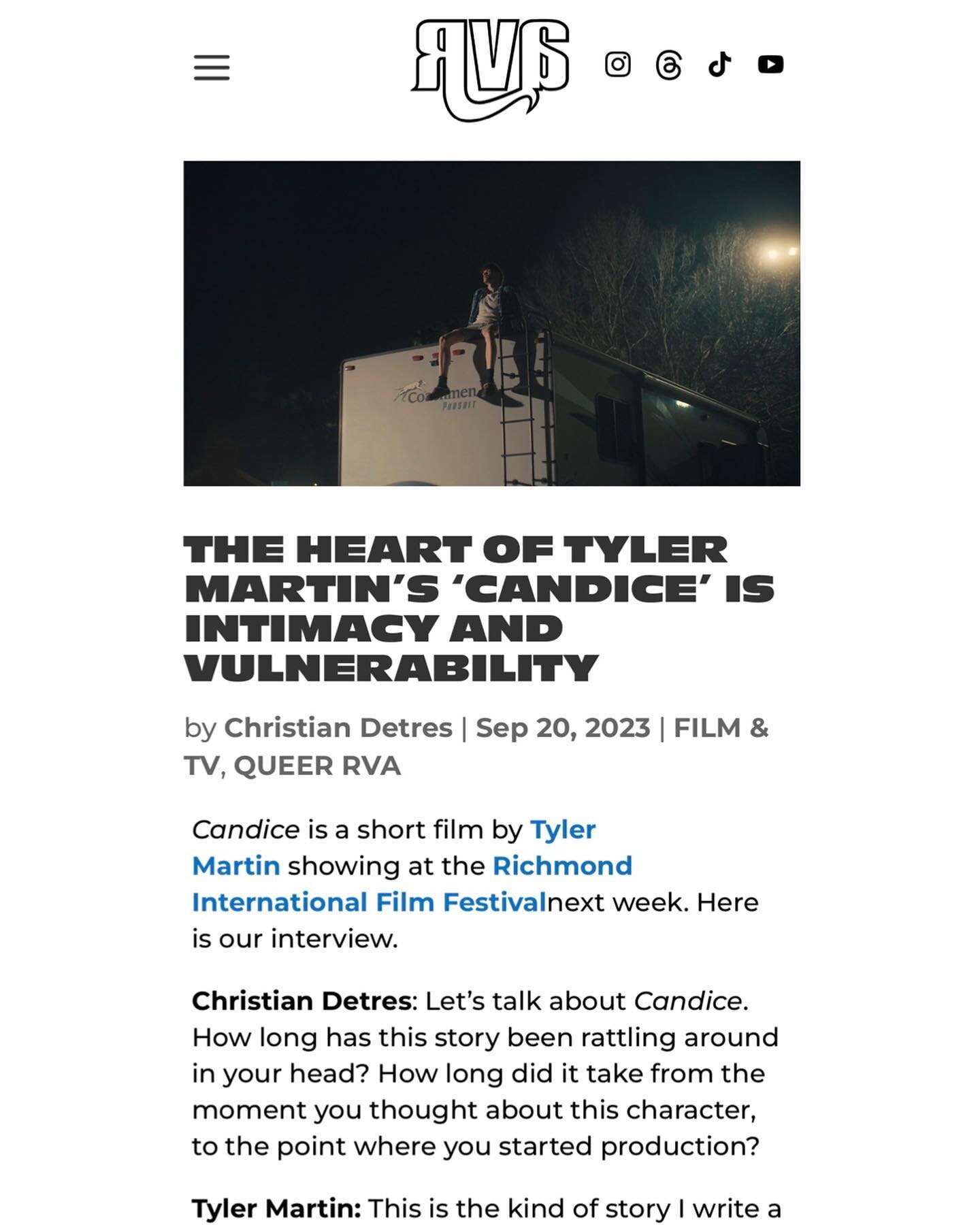 A huge thank to the wonderful @_tan_solo_ &amp; @rvamag for featuring &ldquo;Candice&rdquo; in their @riffrva coverage! I had such an amazing time chatting with Christian all about the conception &amp; making of our short film &ldquo;Candice,&rdquo; 