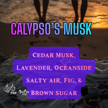 Text overlay on sunset beach background listing Calyspo's Musk scent notes: cedar musk, lavender, oceanside, salty air, fig, and brown sugar.