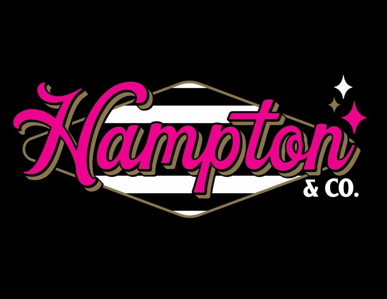 Neon sign reads 'Hampoton & Co.' in pink cursive font with star decorations on a black background.