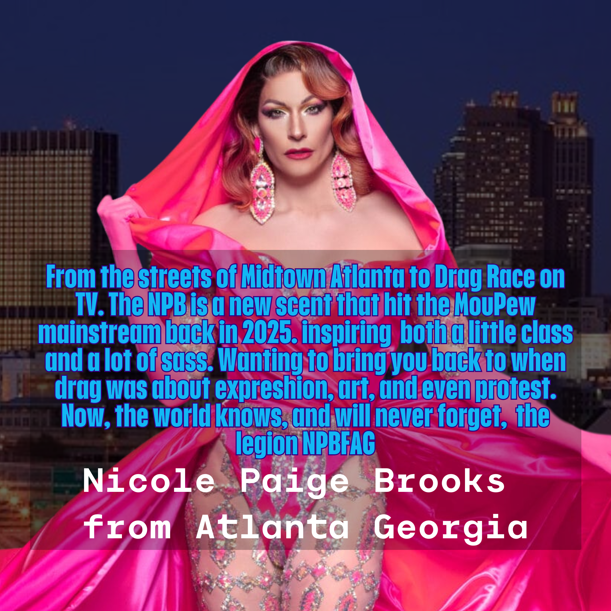 A person dressed in a sparkling pink and silver outfit with a pink cape, earrings, and red hair, standing against a cityscape background at night.
