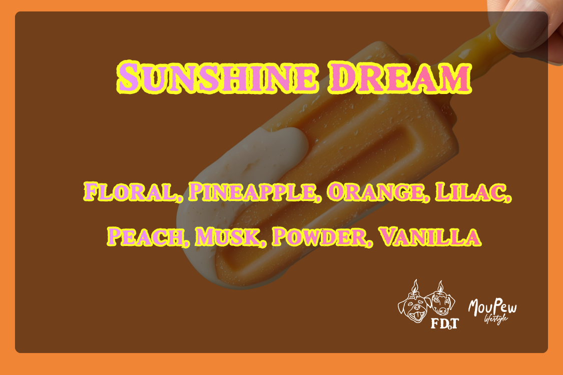 Image of a colorful popsicle with text overlay describing the flavor 'Sunshine Dream,' which includes floral, pineapple, orange, lilac, peach, musk, powder, and vanilla scents.