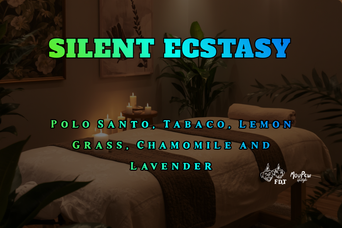 A massage room with lit candles and green plants, promoting a product called Silent Ecstasy with scents of Palo Santo, Tabaco, Lemon Grass, Chamomile, and Lavender.