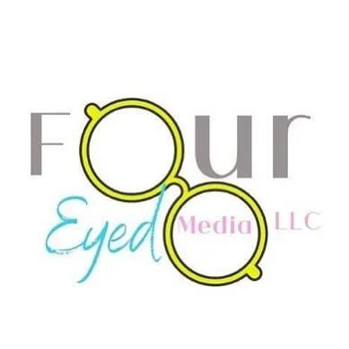 Logo with the words 'Four Eyed Media LLC' with glasses graphic replacing the letter 'o' in 'Four' and encircling the 'e's' in 'Eyed'.