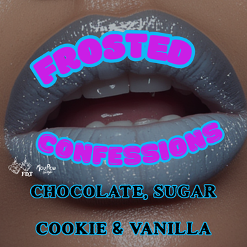 Close-up of lips painted with icy blue lipstick, with frost effect. Text overlay reads 'Frosted Confessions' in purple and blue, and 'Chocolate, Sugar, Cookie & Vanilla' in blue.