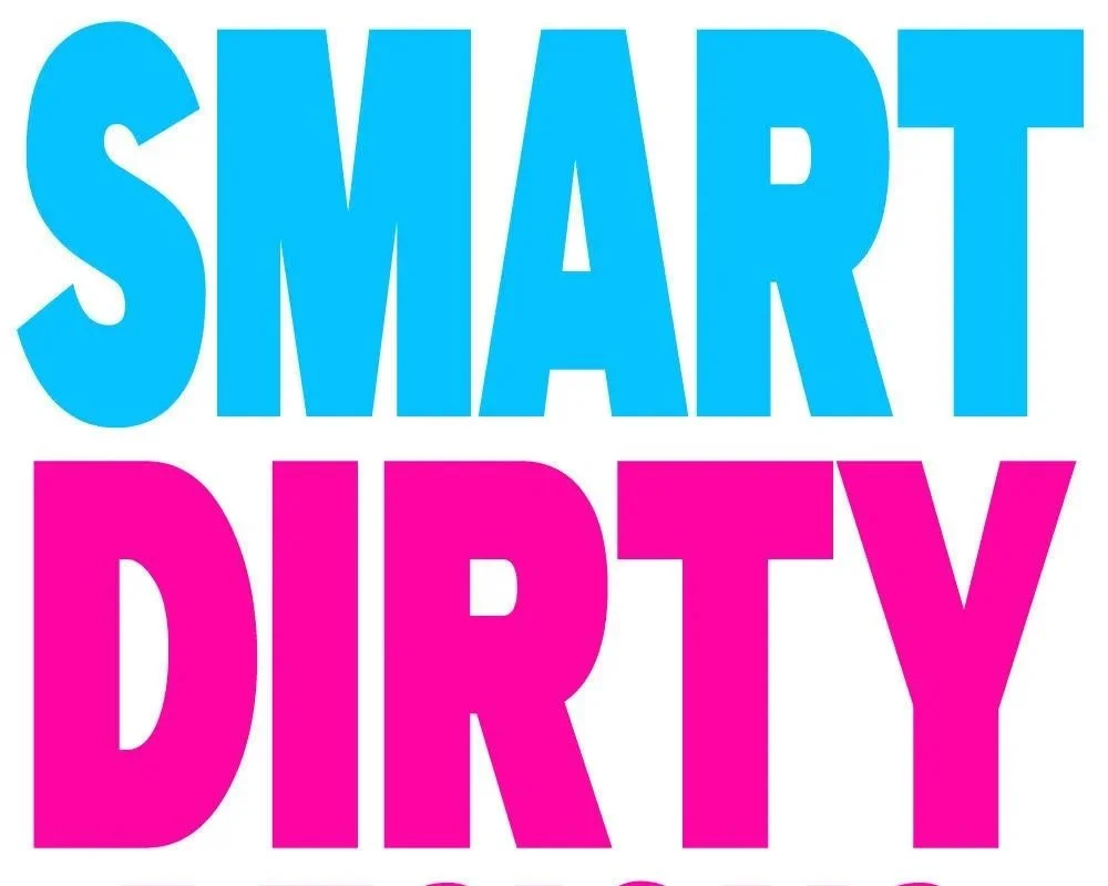 Text graphic with the words "SMART" in blue, "DIRTY" in pink, and "DESIGNS" in pink.