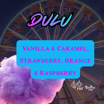 A colorful sign with the word "DULU" at the top, a blue box with pink text listing flavors: vanilla, caramel, strawberry, orange, and raspberry, and a background of a Ferris wheel with illuminated cabins.