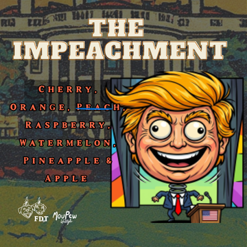 Cartoon of a smiling caricatured man with orange hair, wearing a suit, in front of a green background with text about impeachment and fruit names. Looks like Donald Trump, FDT